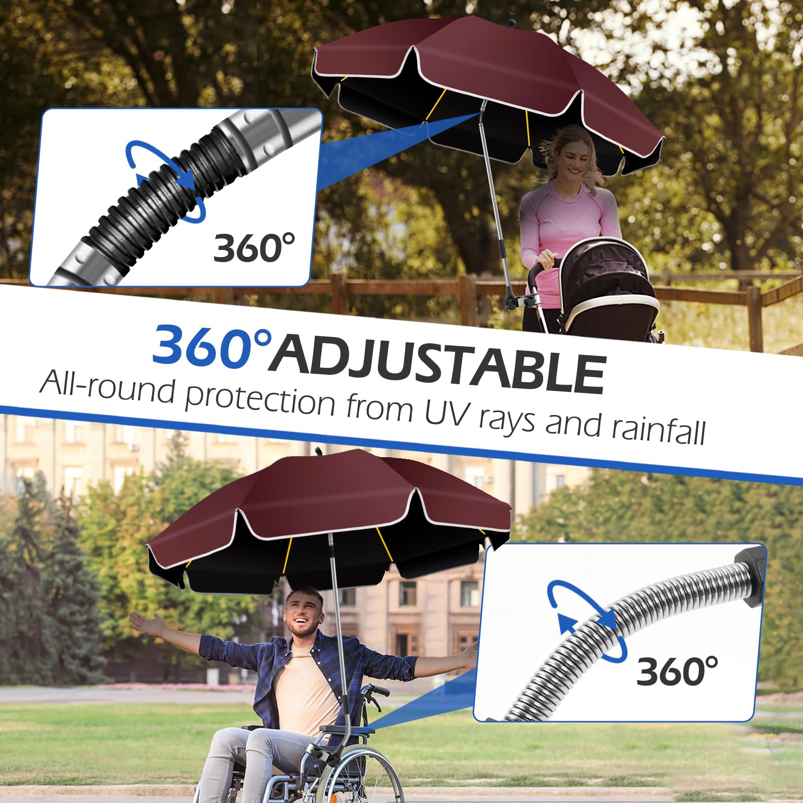 Lot de 2 parasols de 124 cm pour chaise de plage avec pince, protection UV UPF50+, protection solaire rotative à 360°, parasol portable pour chaise de plage, camping, golf