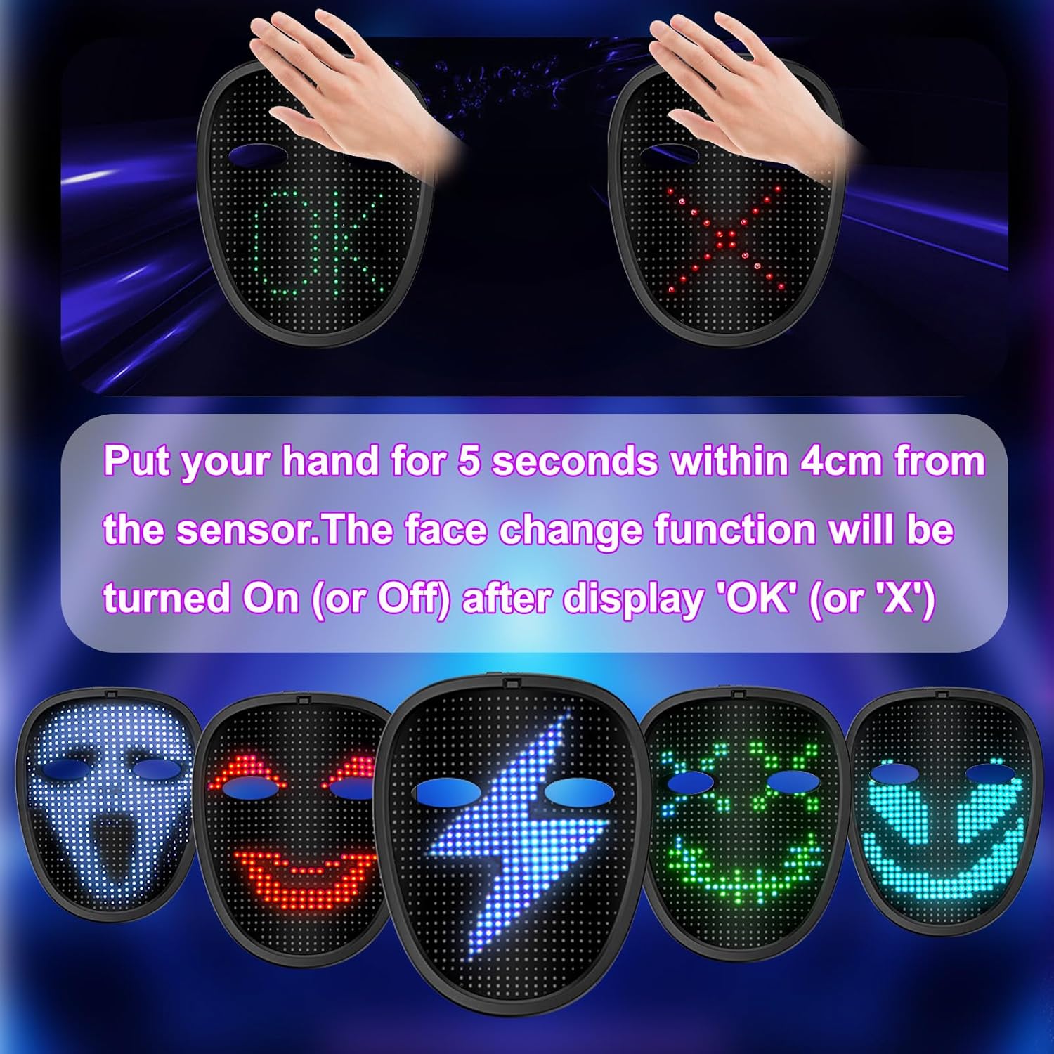 LED Mask with Gesture Sensing - 70 Patterns Display for Halloween Christmas Costume Cosplay Masquerade for Teen Boys Girls - Image 3