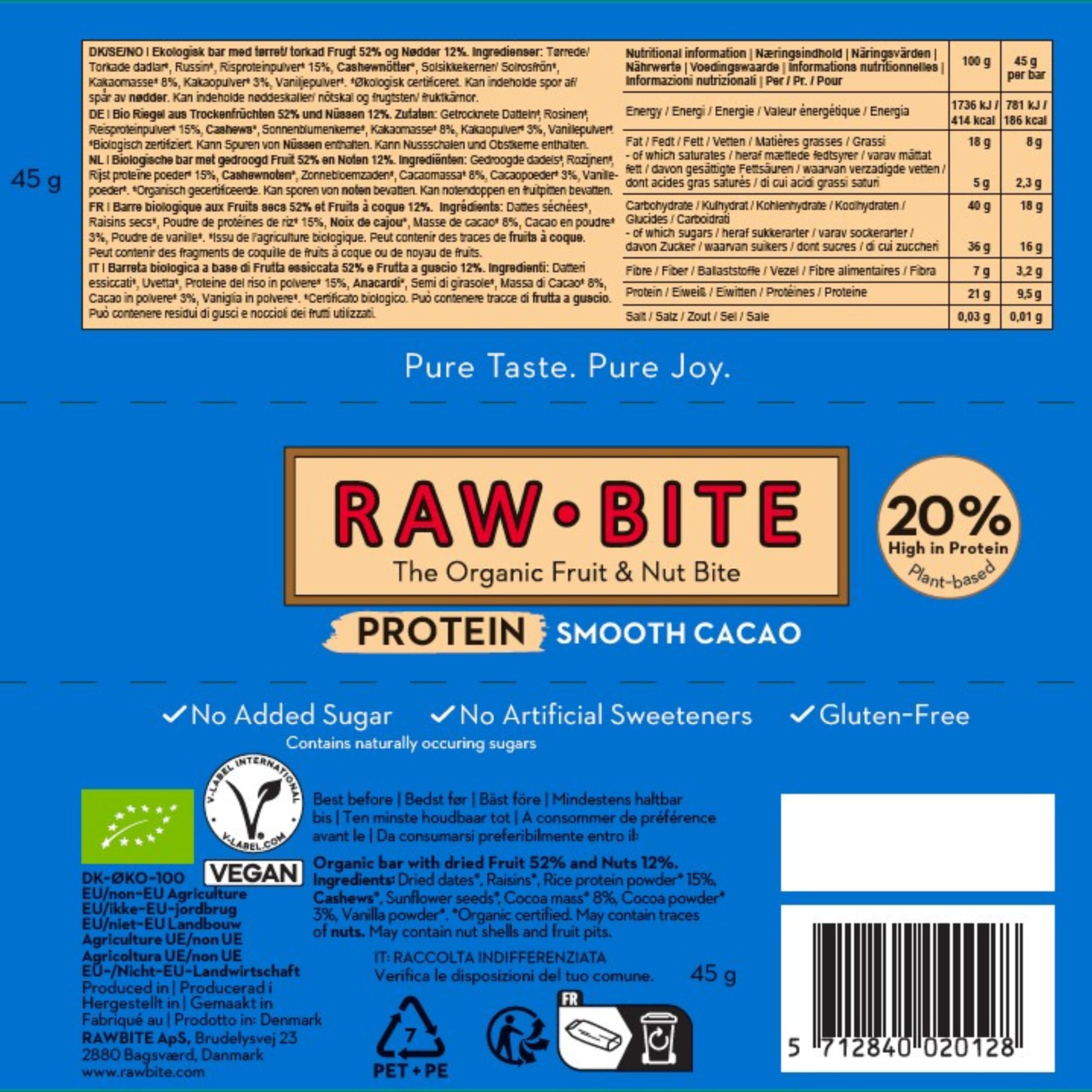 RawBite Barrita Ecológica Proteica con Cacao suave - Paquete de 12 x 45 gr - Total: 540 gr