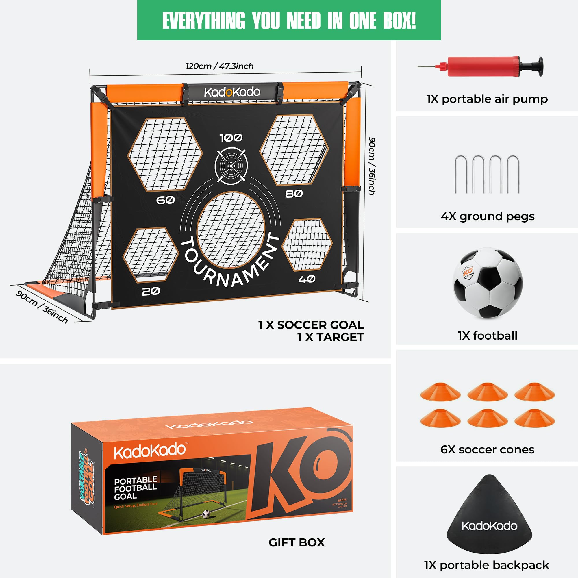 Porta da calcio per bambini, 120 x 90 cm, con borsa per il trasporto, porta da calcio per giardino all'aperto, porta pop-up con aste in fibra di vetro