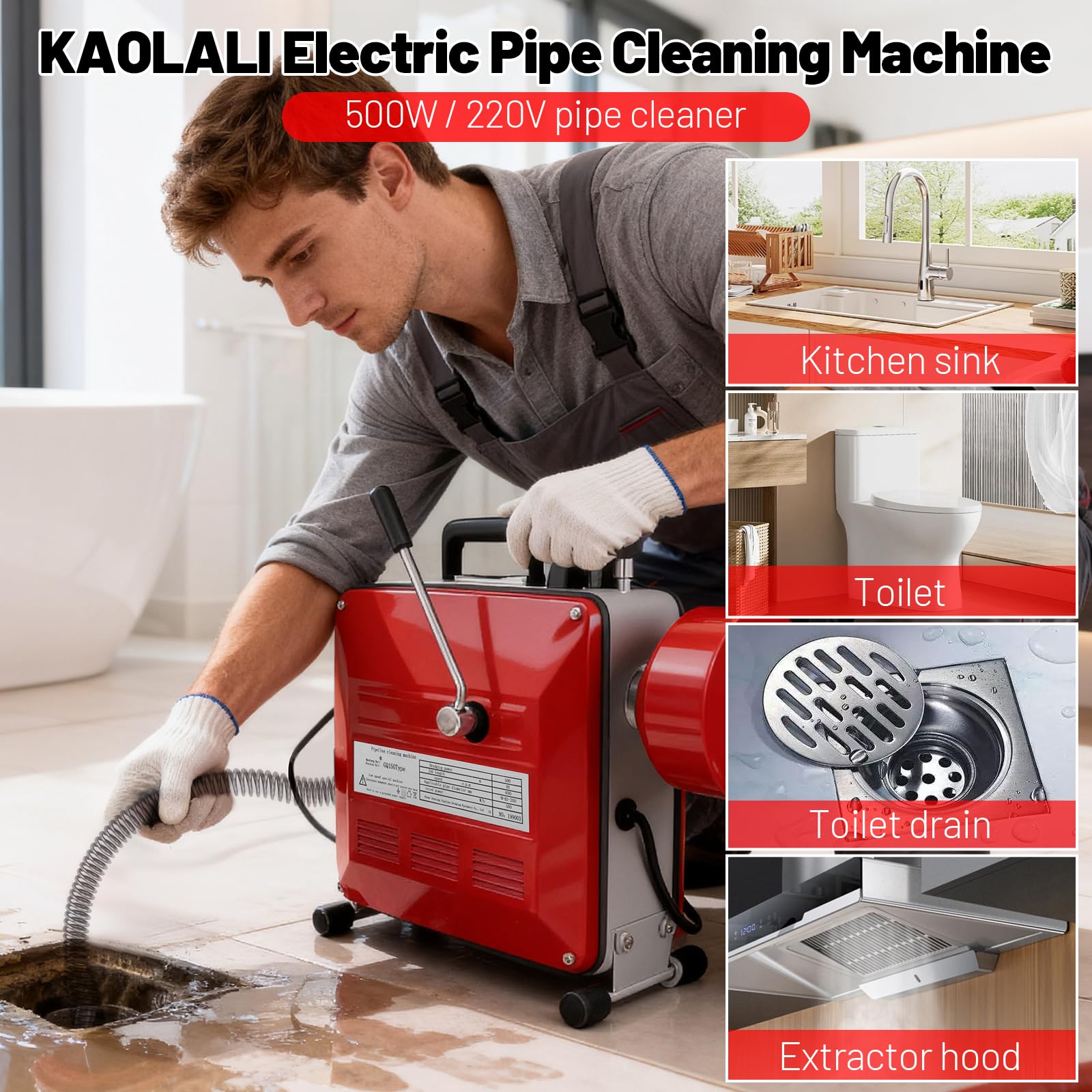 KAOLALI 500W Macchina Sturatubi Elettrica,ulitore Elettrico di Scarico Tubo | 400 Giri/Min,con 6 Taglierine e 20M Molle,Pulitrice per Tubi di Scarico per Pulizia Fognature Docce Bagni Cucine