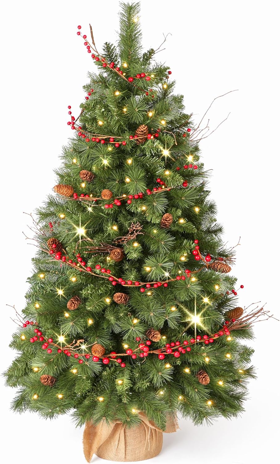 Christmas Tree, 3FT Tabletop Christmas Tree with Cloth Bag Base and LED Light, Pre-Lit Small Artificial Tree with Pine Cones & Red Berries, Christmas Decorative for Outdoor Indoor Porch Red Berries Tree With Lights 3ft