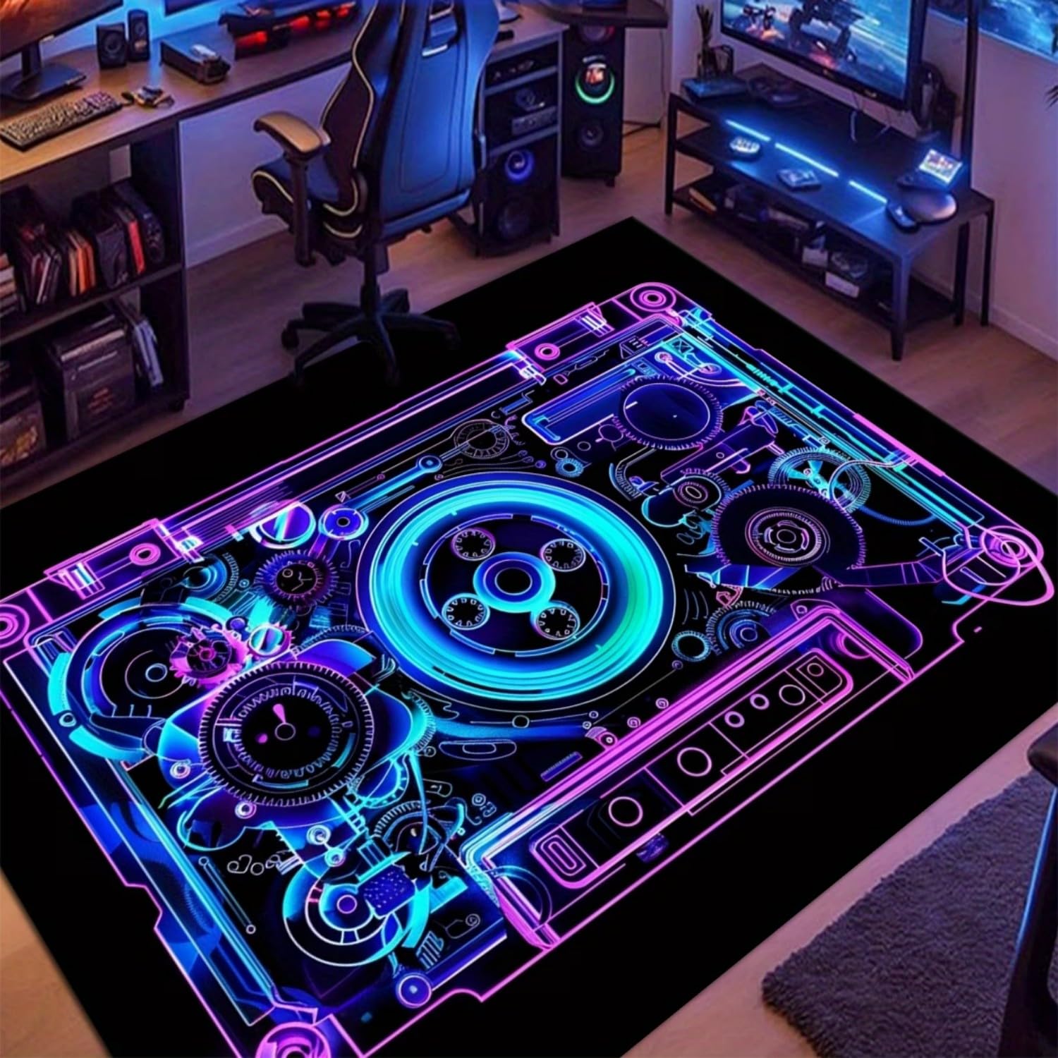 Retro Neon Dj Mixer Rug, 140x200cm 3D Music Cassette Tape Carpet, Cool Area Rug Non-Slip, Easy to Clean, Colorfast Rugs for Teenagers Boys Bedroom Lounge Music Studio, Washable Non-Slip Floor Mat — image 1