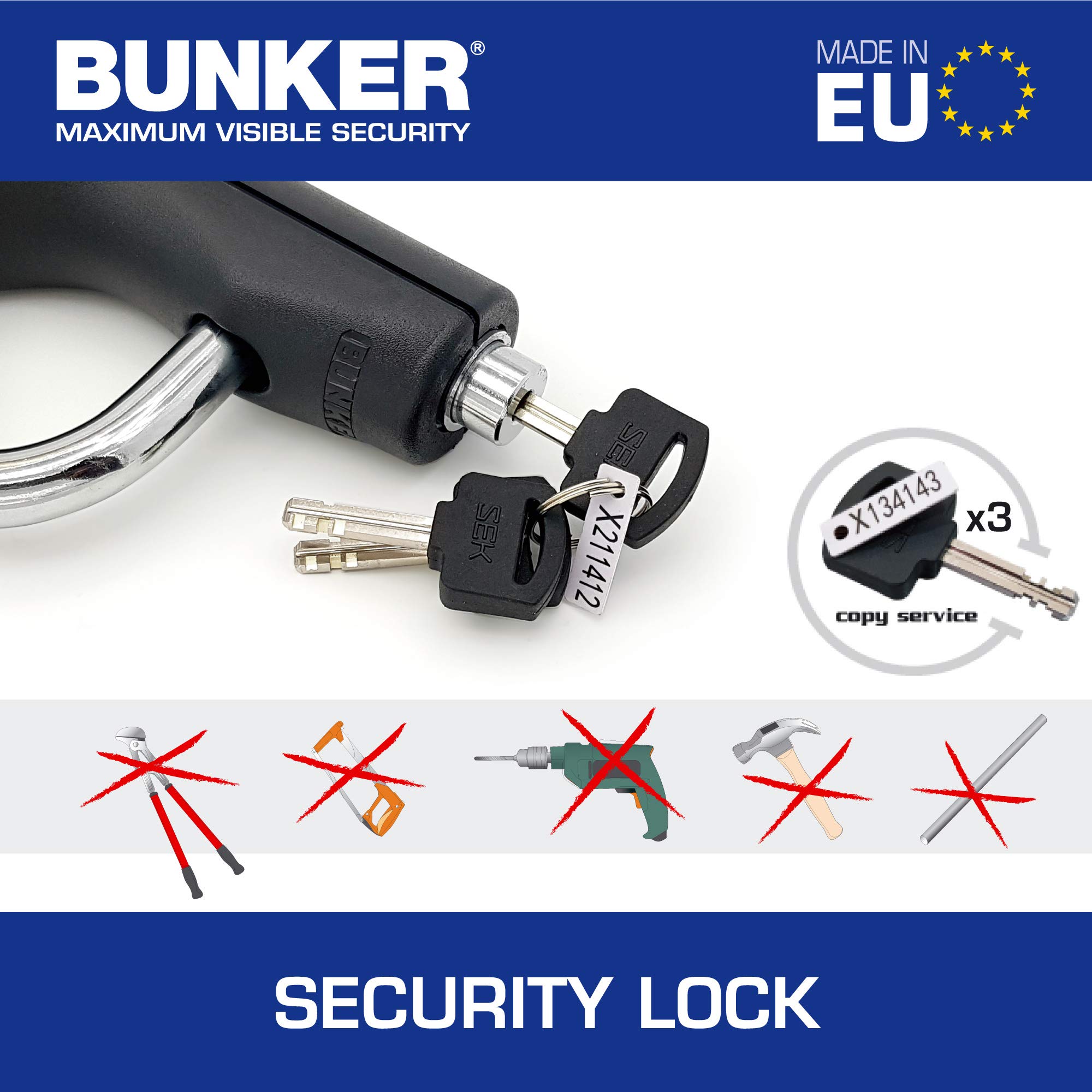 Bunker BA80N Antivol Voiture Volant Siege Flexible Haut de Game, Plus Pratique, Câble d'Acier Blindé Articulé, Serrure a Disque Bloc Canne Barre Anti Vol Clef Universelle pour Auto, Camping Car, Van