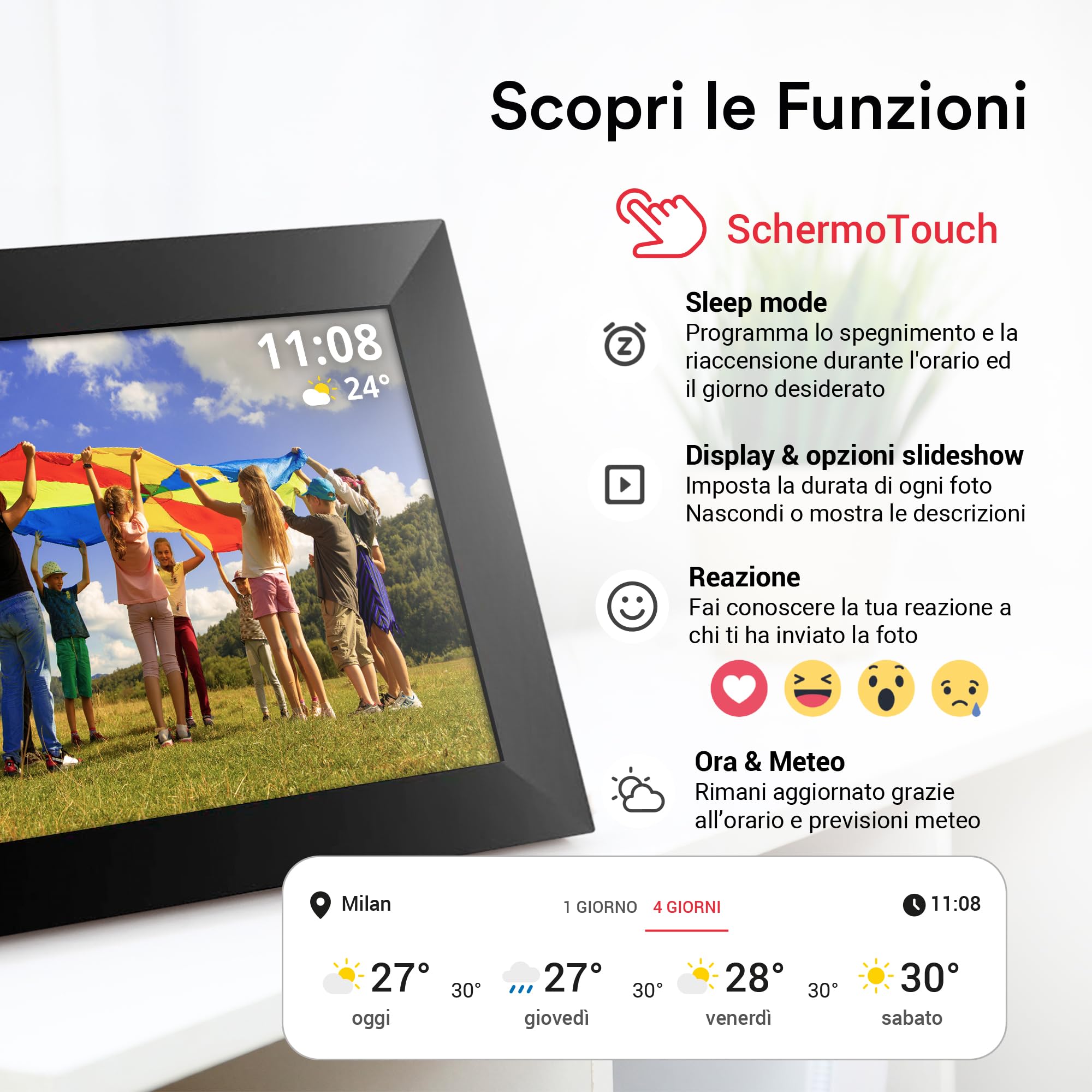 Atlantis Cornice Digitale WiFi 10 Pollici, Touch Screen, condividi foto e video via APP, portafoto digitale, rotazione automatica, orologio e meteo, Memoria 1GB RAM + 16GB per foto, Slot Micro SD.