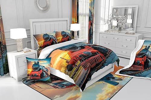 Miniatura 4 de Erosebridal Funda de edredón de tren para niñas y niños, juego de ropa de cama de vehículos retro para niños, funda de edredón grande de tren de