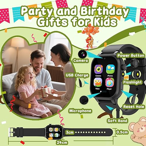 Miniatura 7 de Reloj inteligente para niños, 32 juegos, 3 deportes, libros de audio y tarjetas de estudio, modo escolar, reloj despertador, podómetro, cámara