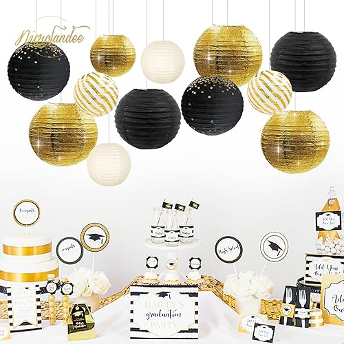Miniatura 6 de NICROLANDEE Suministros de fiesta de oro negro  12 linternas de papel de aluminio metálico negro y dorado decorativas para bodas, graduaciones,