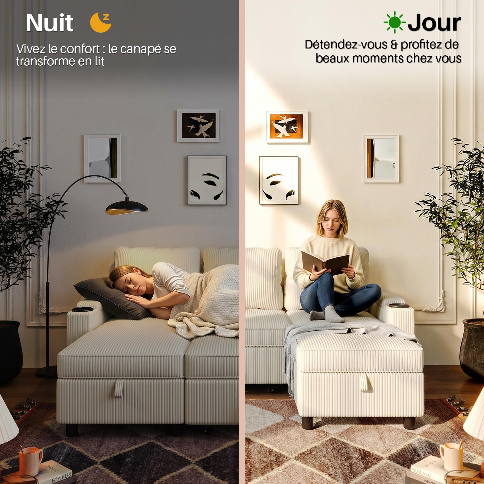 JUMMICO , canapé lit avec Rangement intégré et accoudoirs multifonctionnels, idéal pour Salon, Design Moderne et Pratique,Bureau et Petit Appartement, Beige