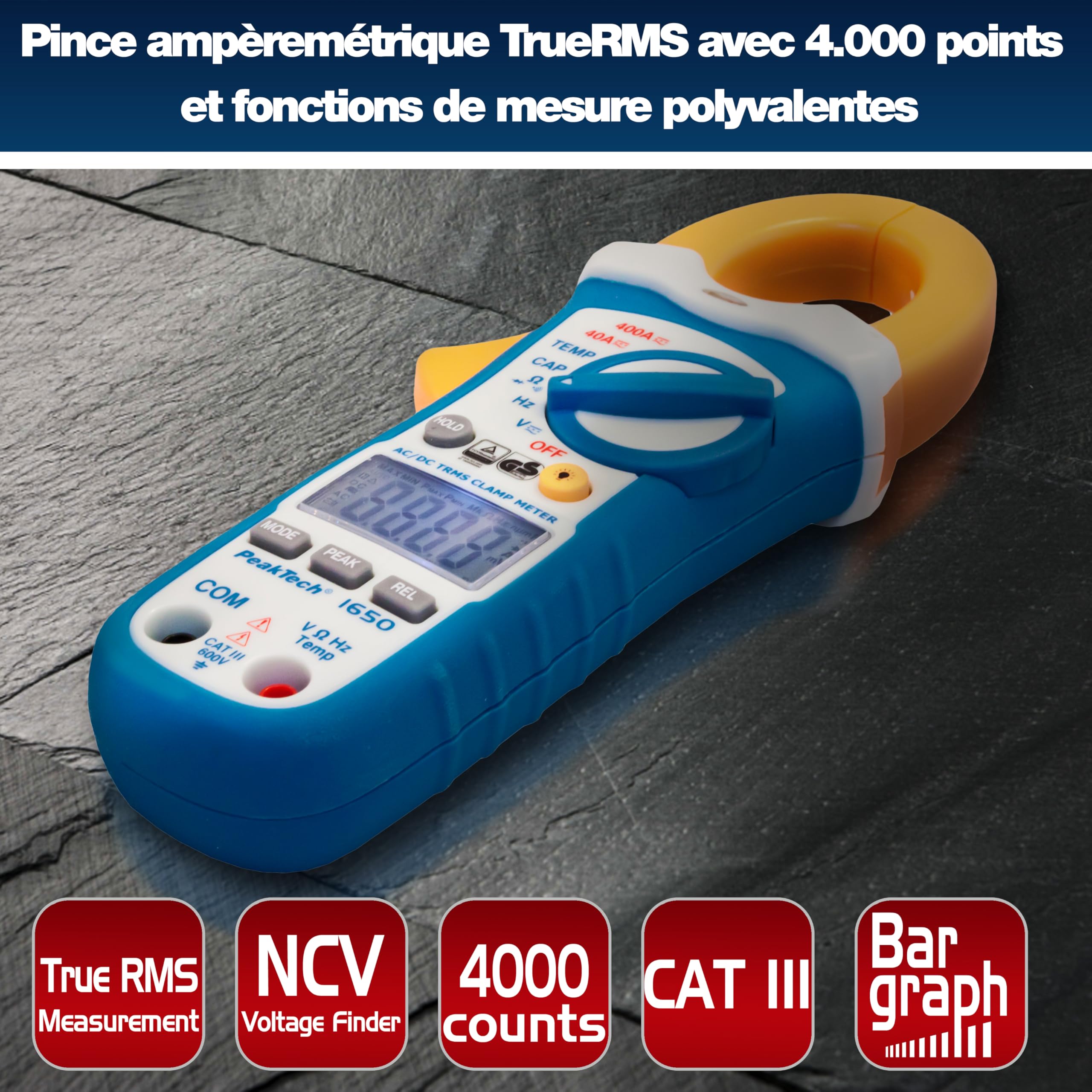 PeakTech 1650 - Pinces Ampèremétriques avec True RMS AC/DC 400A, 4000 counts, Multimètre Numérique, Voltmètre sans Contact, Ampèremètre, Testeur de Continuité - Max. 600 V