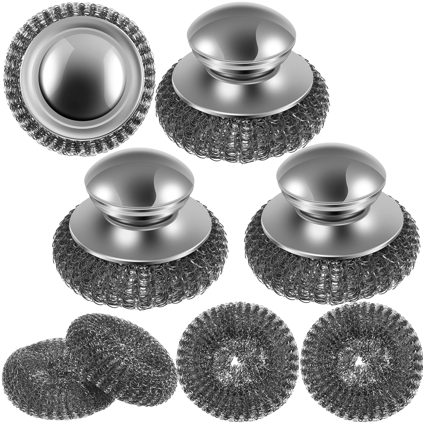 4Pcs Steel Wool Scrubber with Replacement Wire Pads, Replaceable Stainless Steel Scrubber, Steel Dish Scrubber, Steel Scrubber, Steel Wool Pads for Cleaning Pots Pans Grills Sink
