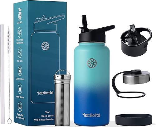 H2OBotté - Botellas de agua de acero inoxidable botella de agua aislada con pajilla botella de agua de viaje a prueba de fugas 24 horas frías 12
