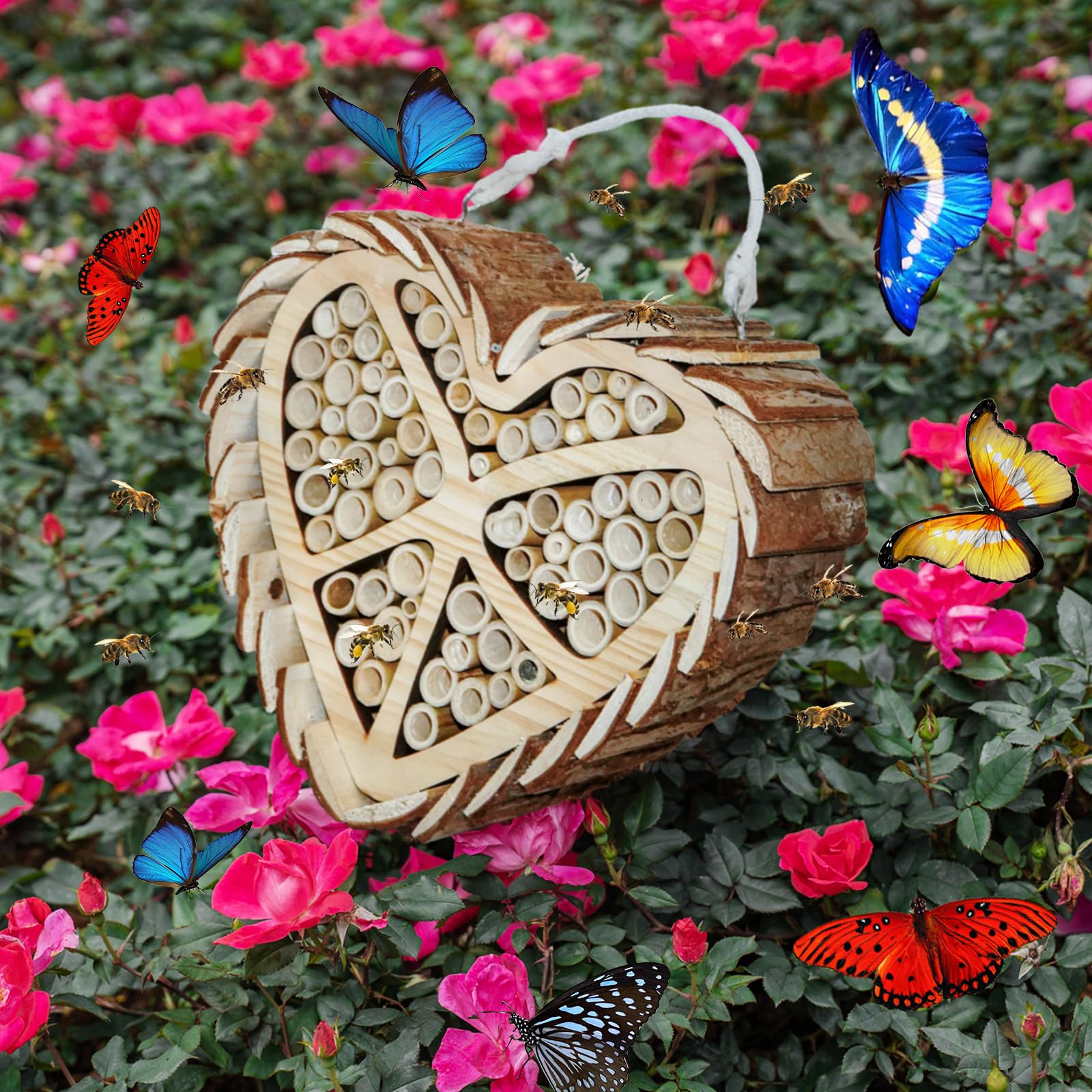 Mason Bee House Native Bee Hive Natural Handmade Heart-Shaped Wooden Box Habitat Home Hotel with Bamboo Tubes Attracts Peaceful Bee Pollinators to Your Garden, 11.2 x 4.33 x 9.45 inch