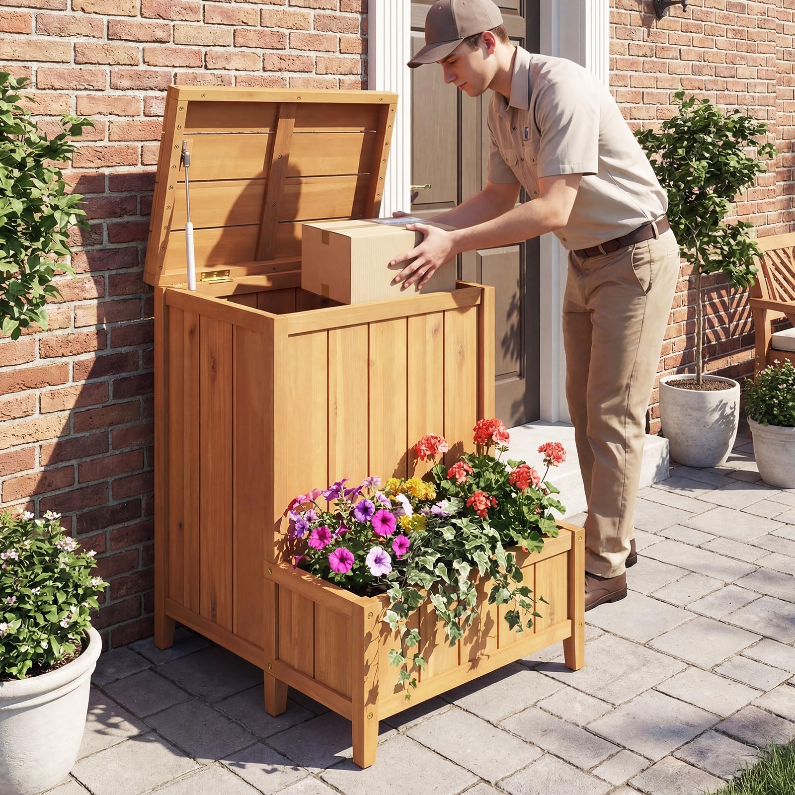 COSTWAY Blumenkasten mit Gartenbox, Auflagenbox mit Deckel, Paketbox mit Pflanzkübel aus Holz, Aufbewahrungsbox für Pakete & Gartengeräte, für Garten & Terrasse, 57 x 52,5 x 70 cm, Natur