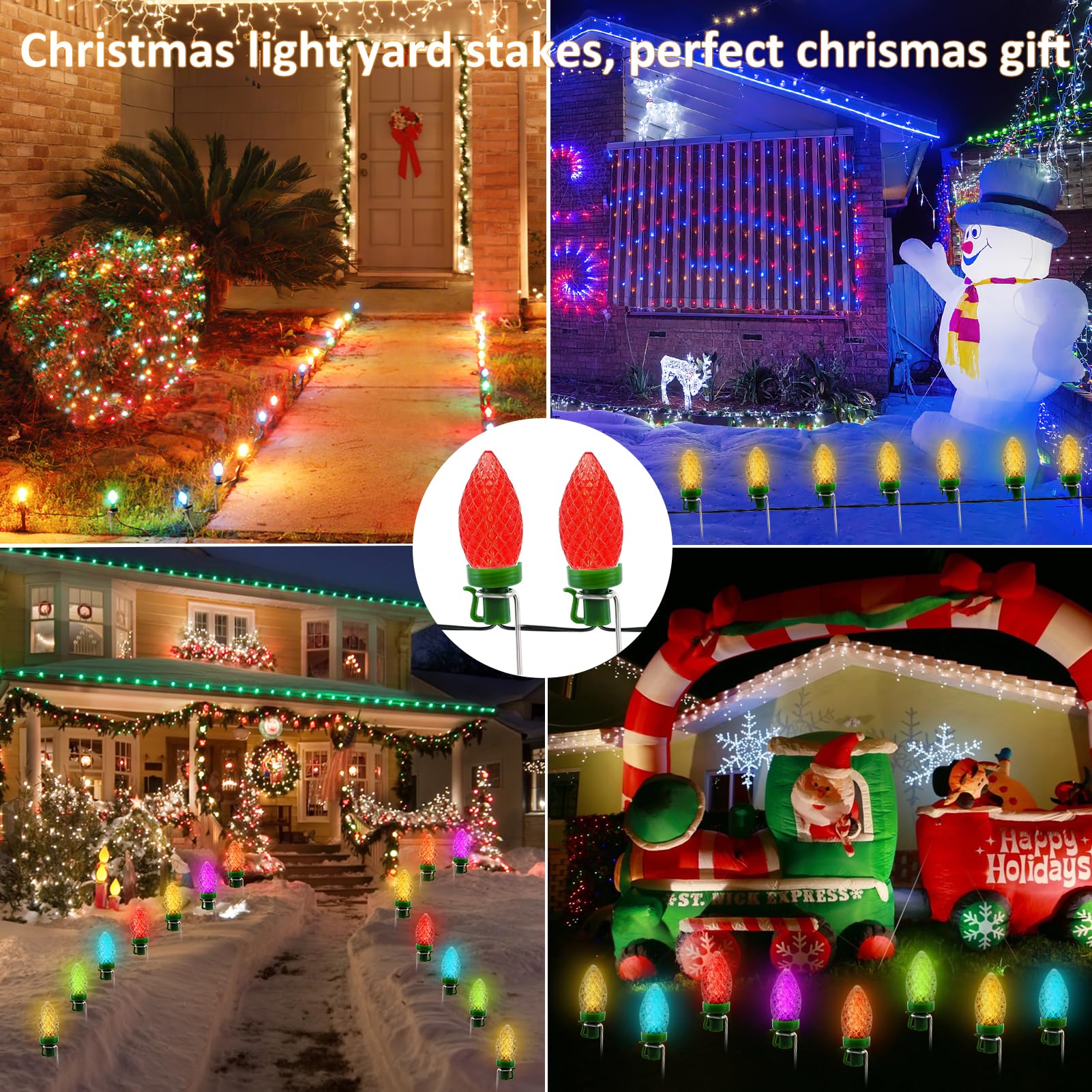 Pali di luce natalizia da 30 cm, confezione da 60 luci natalizie da cortile, pali in metallo, universali, per giardino, prato, vacanze, luci per stringa C7 C9, pali da terra per luci di Natale su