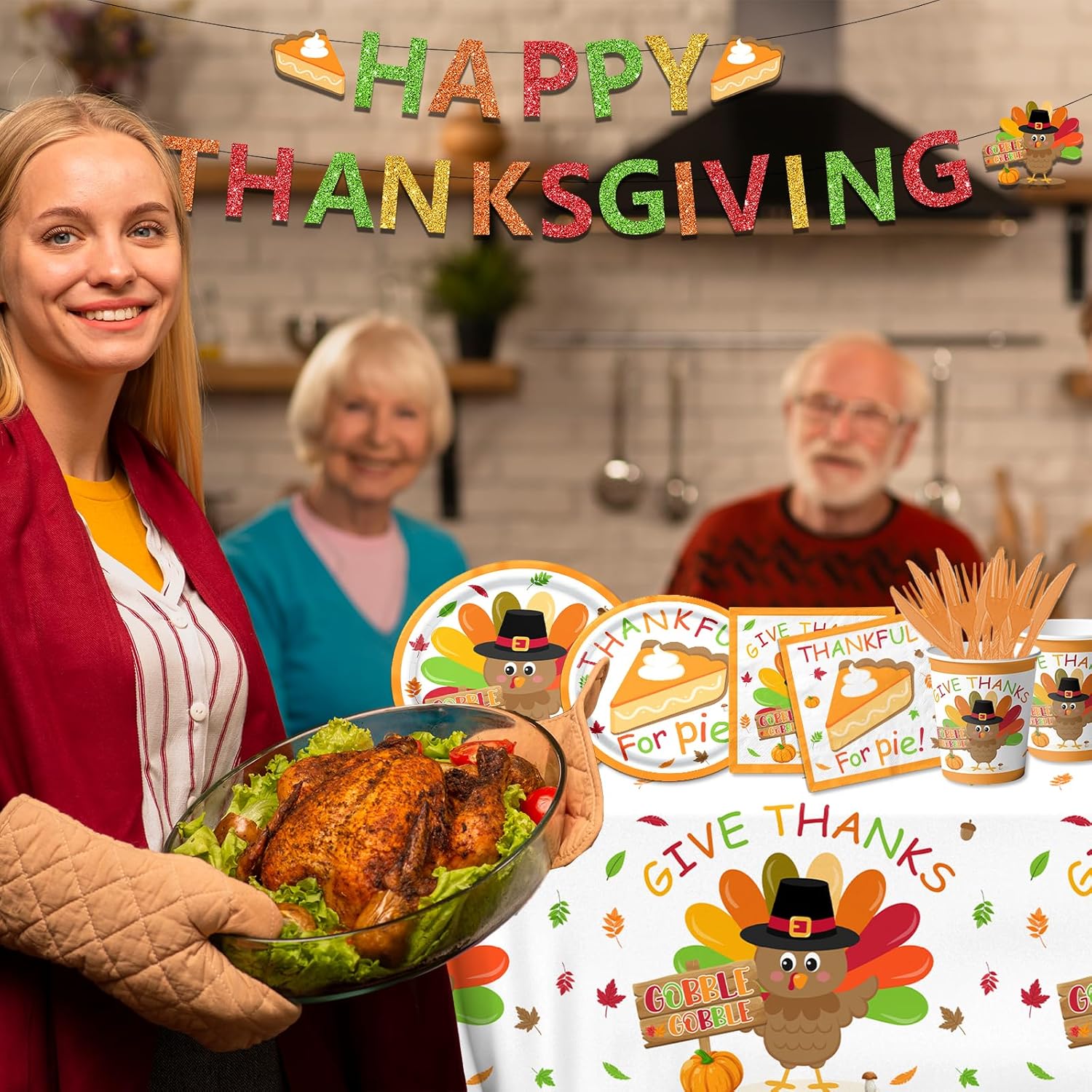 Turkey Thanksgiving Party Decorations Tableware,142pcs Turkey Paper Plates and Napkins Cups Tablecloths for Fall Themed Thanks Giving Decor