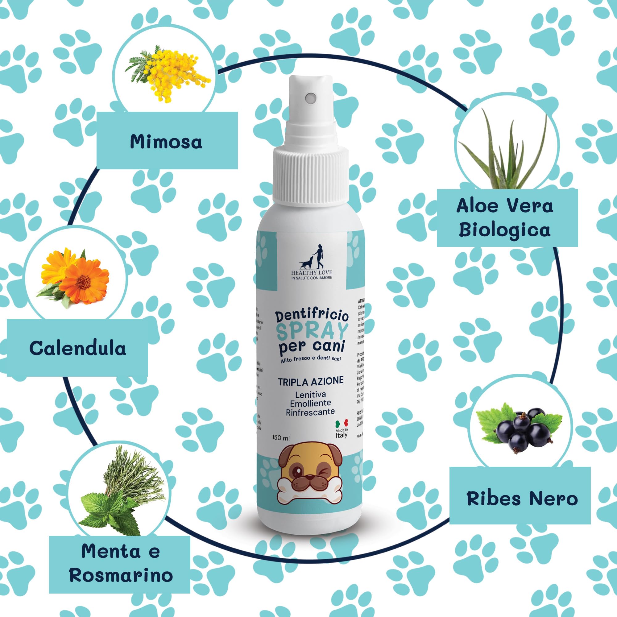 Healthy Love® - Dentifricio per Cani Spray - Pulizia Denti e Rimozione Tartaro - Igiene Orale per Alito Fresco - Formula Naturale con Aloe Bio, Calendula e Oli Essenziali - 150ml made in Italy