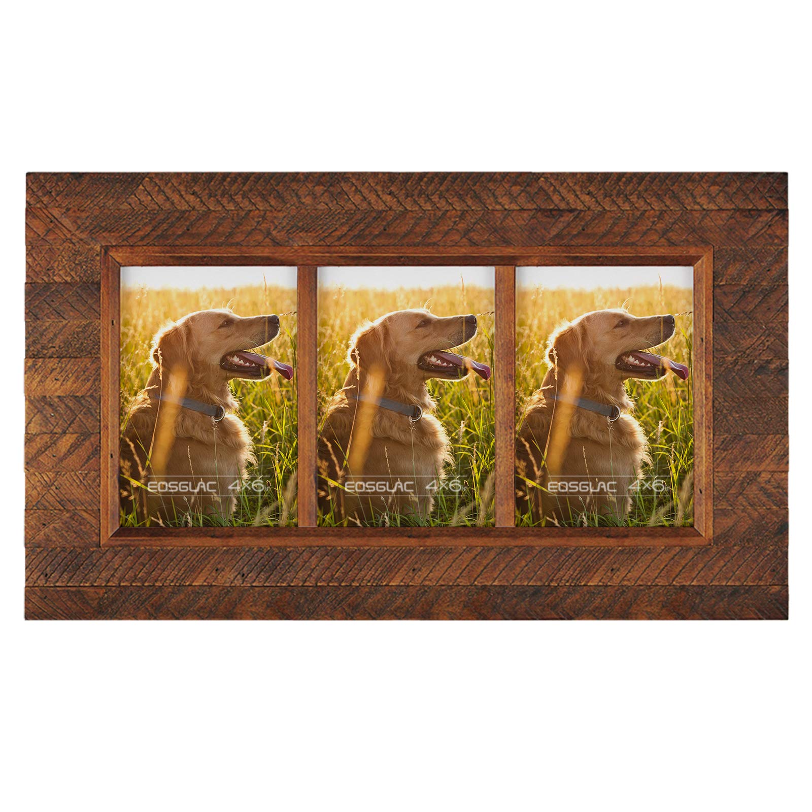 Eosglac Collage Picture Frame 4x6 3 Openings, Wood Plank Design with Rustic Brown Finish, Wall Mounting Display, Handmade Wooden Photo Frame