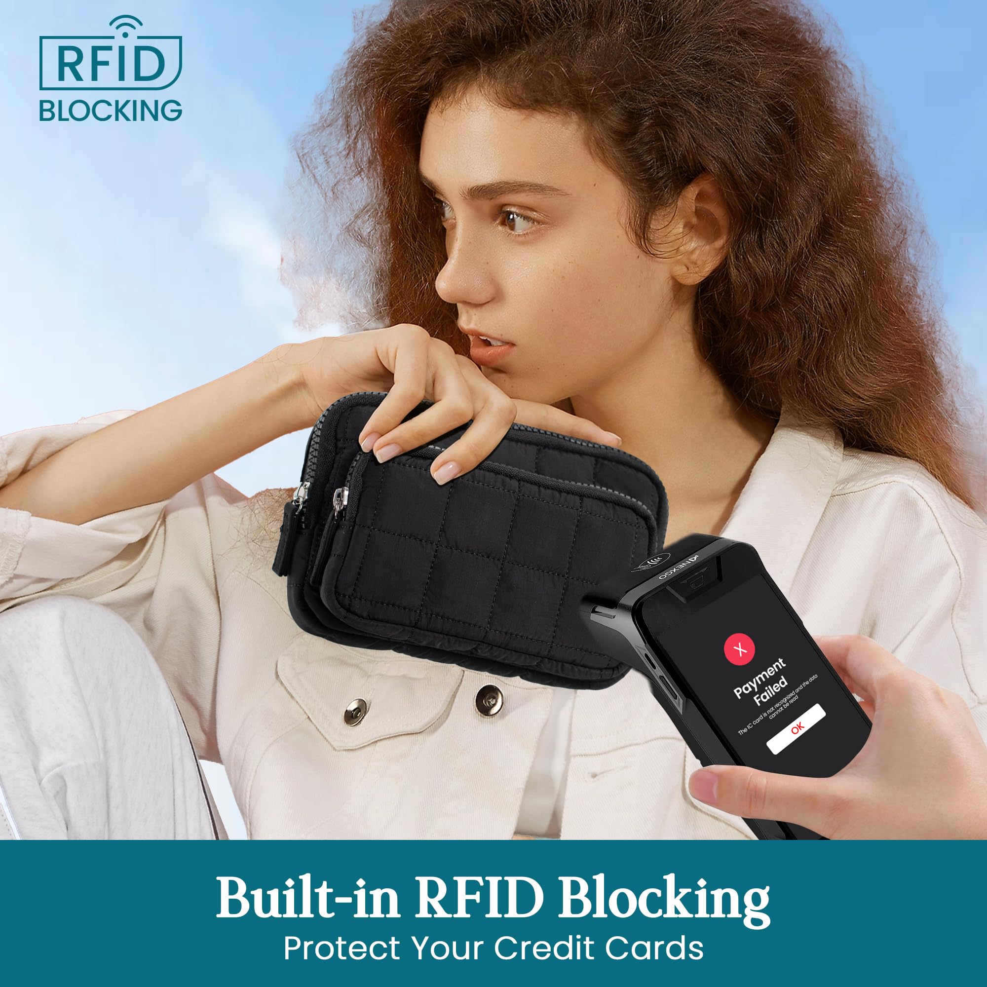 VONAL Wristlet Wallets for Women, Quilted Wristlet Purse, Nylon Wallet Purse with 3 Zipper, Credit Card Holder with RFID Blocking Cell Phone Organizer, Puffer Womens Wallets, Black