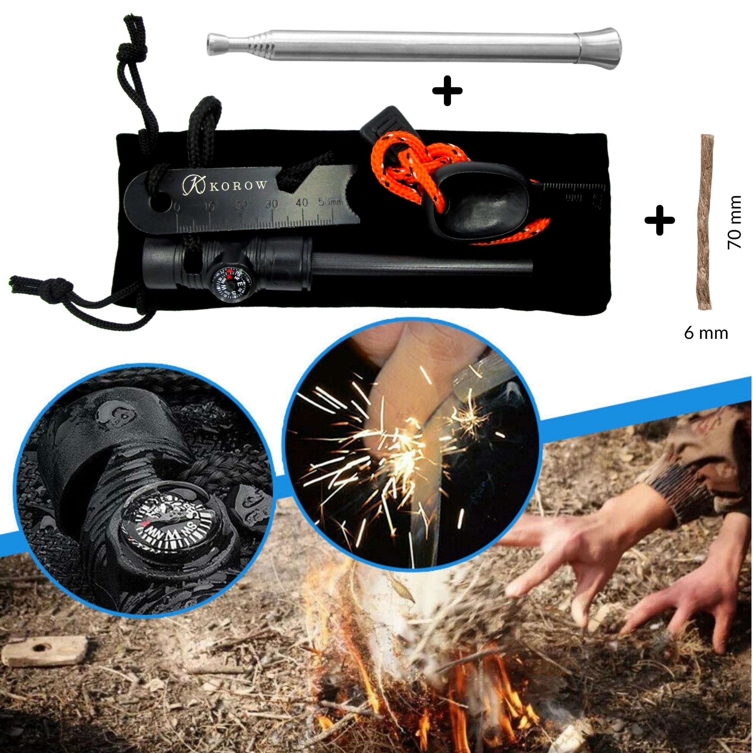 Korow Accendifuoco Da Sopravvivenza 7 In 1 | Pietra Focaia Con Bussola, Fischietto 150dB E Apribottiglie | Kit Esterno Per Campeggio, Escursioni, Barbecue | Scintille Oltre 3000°C