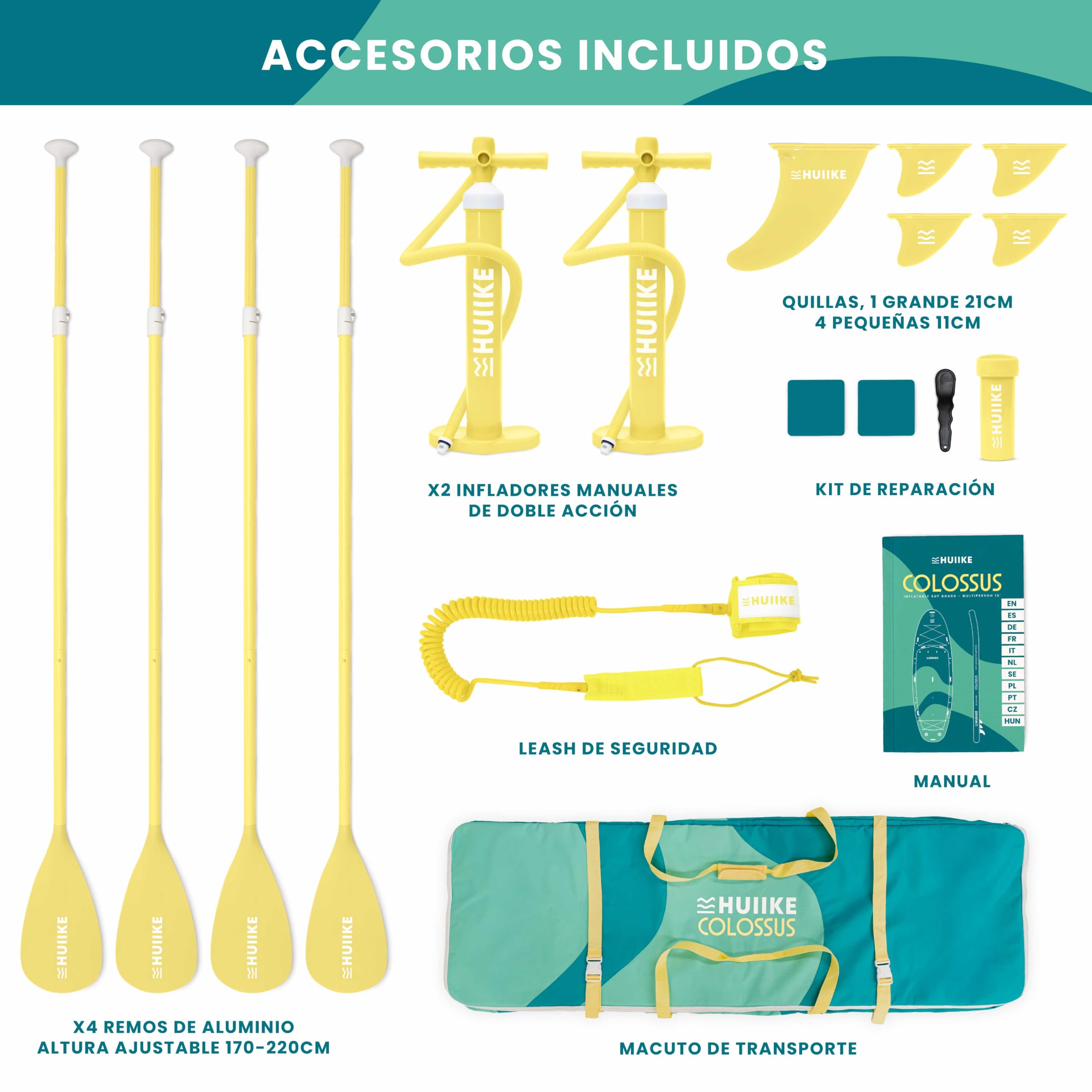 HUIIKE Tabla Paddle Surf Hinchable XXL 15' 4 Personas 480 kg con Accesorios | SUP Gigante con 4 Remos, 2 Infladores, 5 Quillas, Leash y Macuto. Stand Up Paddle Board Gran Estabilidad y Resistencia