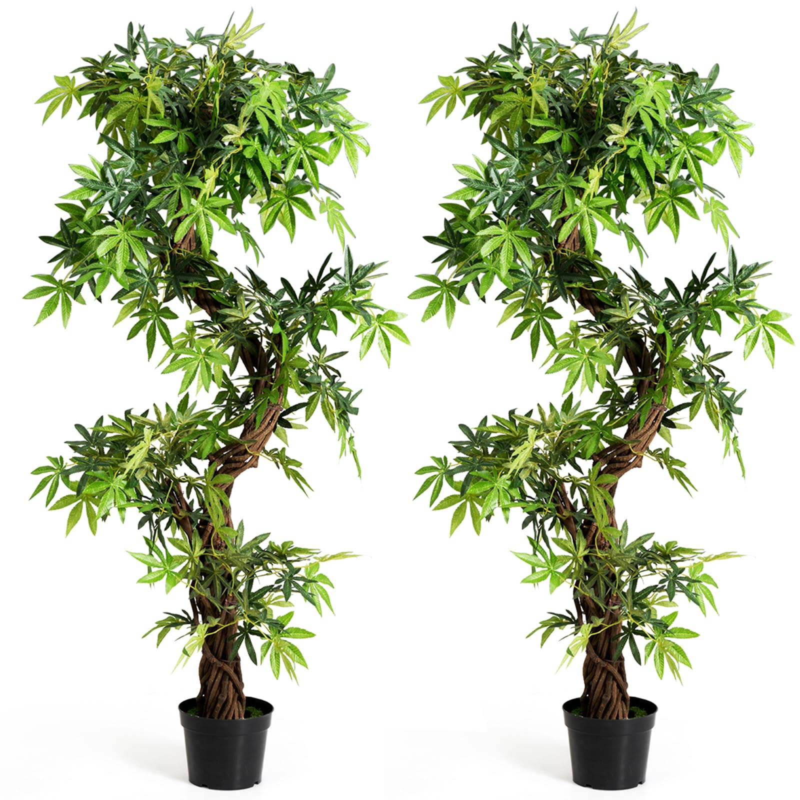 COSTWAY 2er Set Künstliche Pflanzen Groß 160 cm, Kunstpflanze im Topf, Kunstbaum wie echt, Zimmerpflanze mit Naturholzstamm, für Zuhause, Büro, Grün