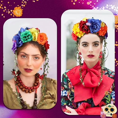 Miniatura 4 de OAOLEER Day of the Dead Mexican Rose Flower Crown Headband for Women Halloween Party Costume Headpiece Bridal Cosplay,1PCS
