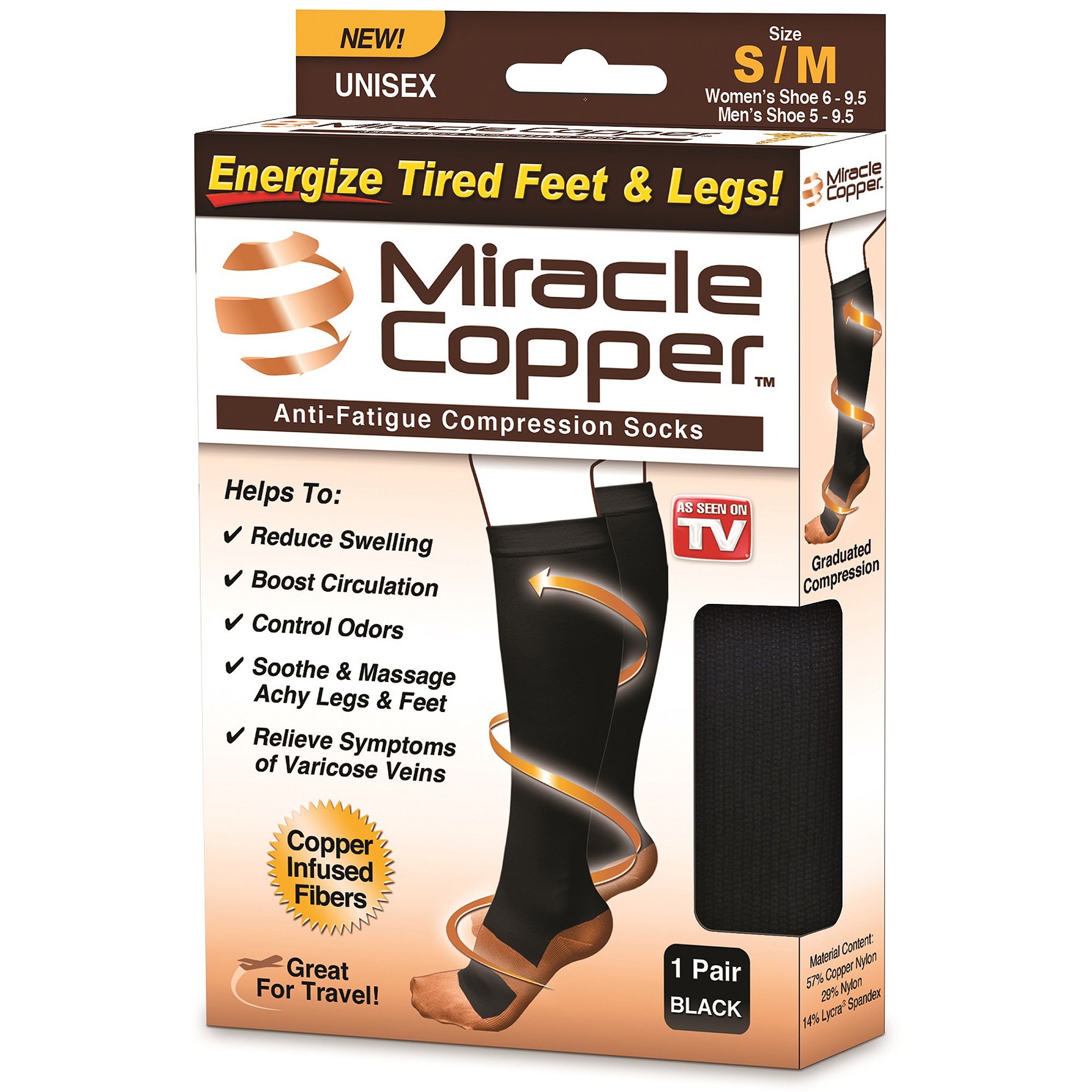 Miracle Copper Socks(Extra Firm) by Ontel (Small/Medium, 2 Pairs)