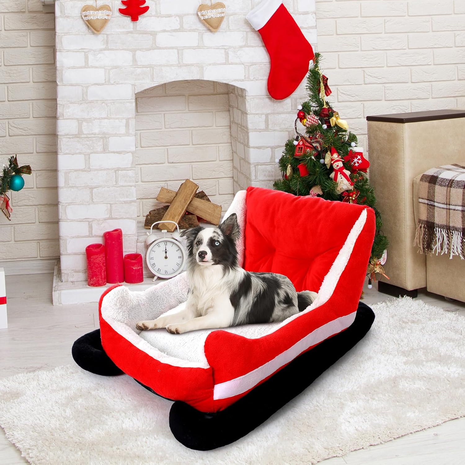 Christmas Dog Bed Pet Red Sleigh Cat Sofa with Plush Synthetic Fur, Washable Cozy Christmas Pet Bed for Small to Large Dogs Indoor Outdoor Use(Red Black,32x22x15 Inch) Red Black 32x22x15 Inch