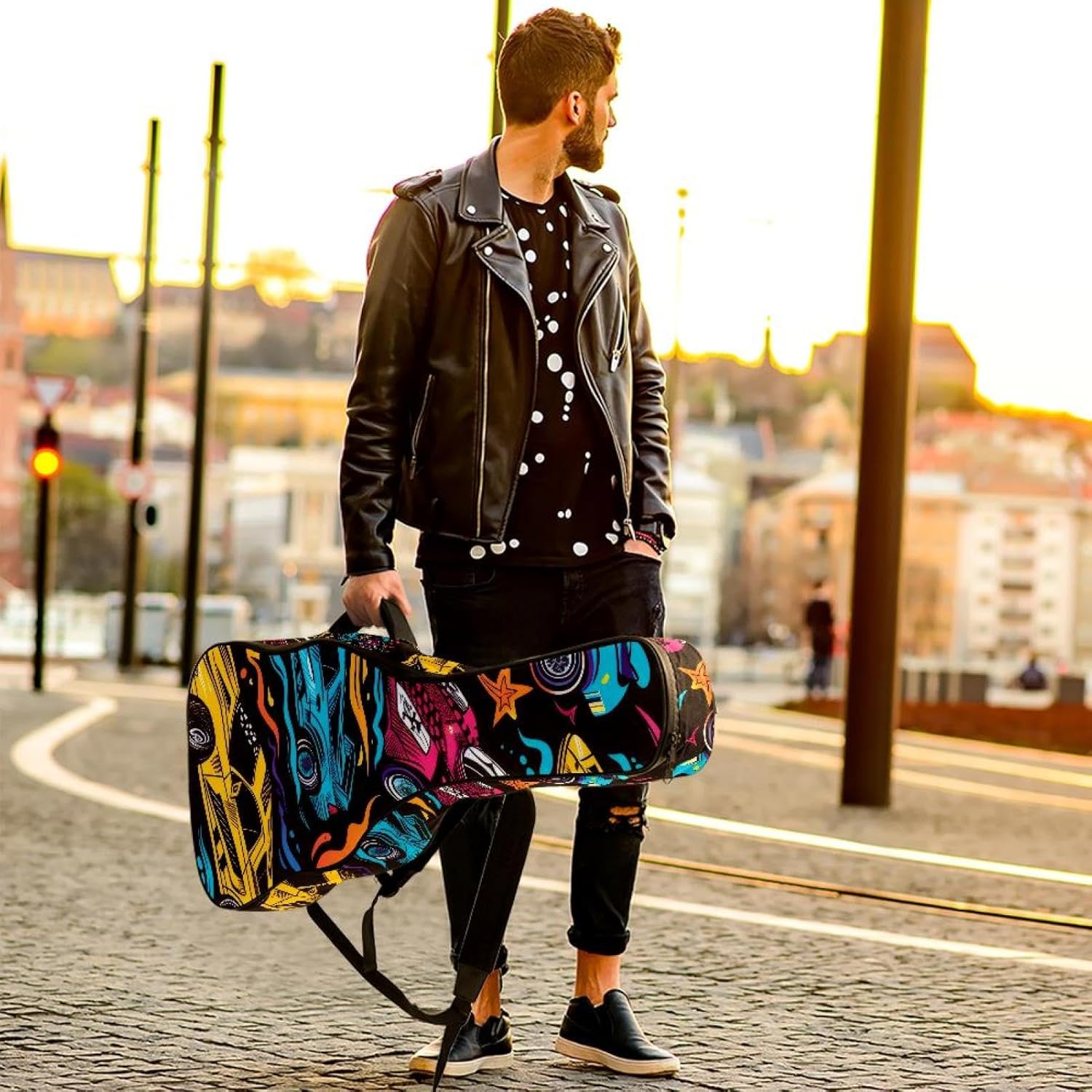 Colorful Racing Doodle Pattern Guitar Gig Bag, Soft Padded Guitar Case with Back Hanger Loop and Side Handle for 40 41 42 Inch Acoustic Electric Bass Classical Guitars