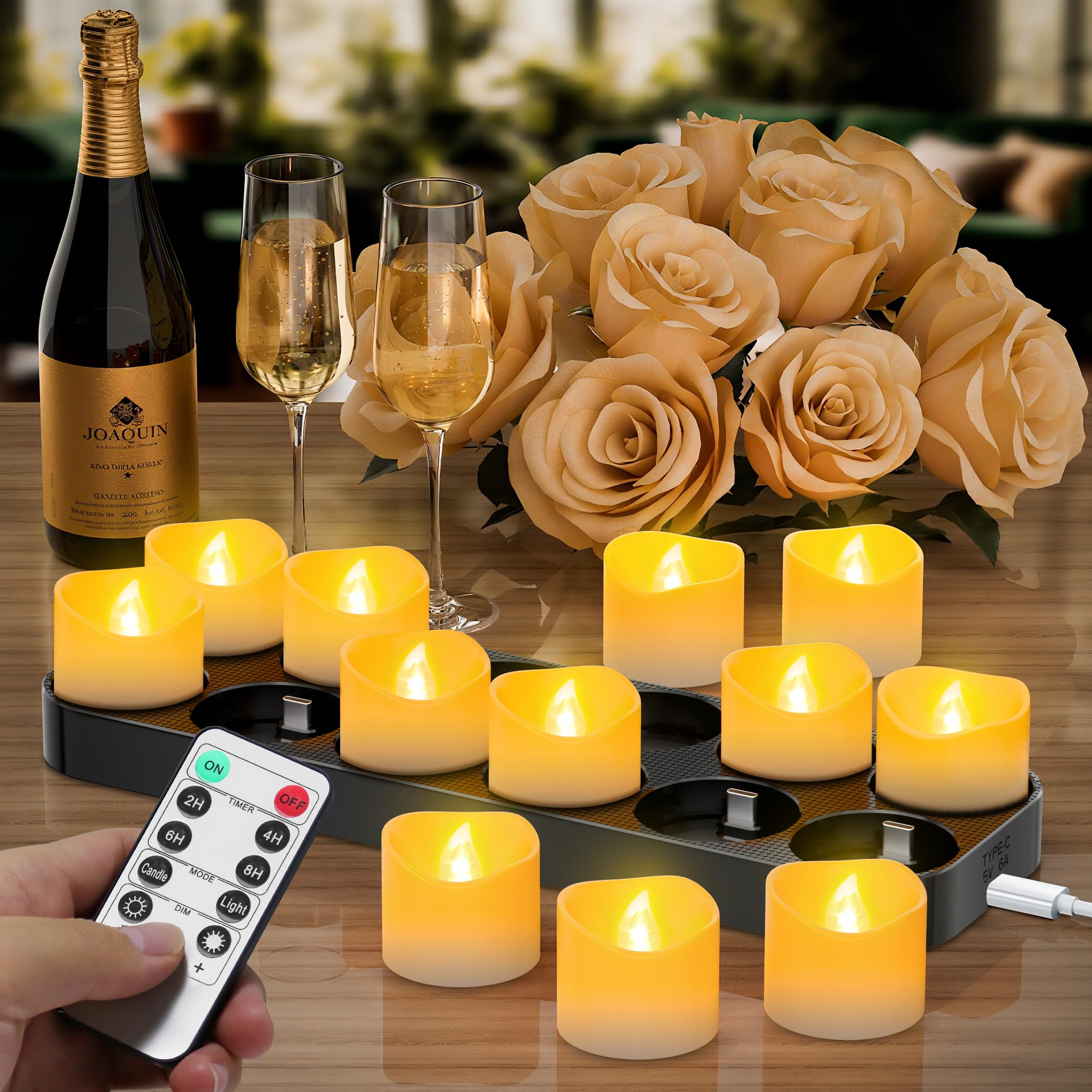Wiederaufladbare LED Teelichter 12 Stück mit Fernbedienung und Timerfunktion, Elektrische Kerzen mit USB-C Ladestation für Hochzeiten Partys Dekoration, Flammenlose Teelichter Set für Zuhause
