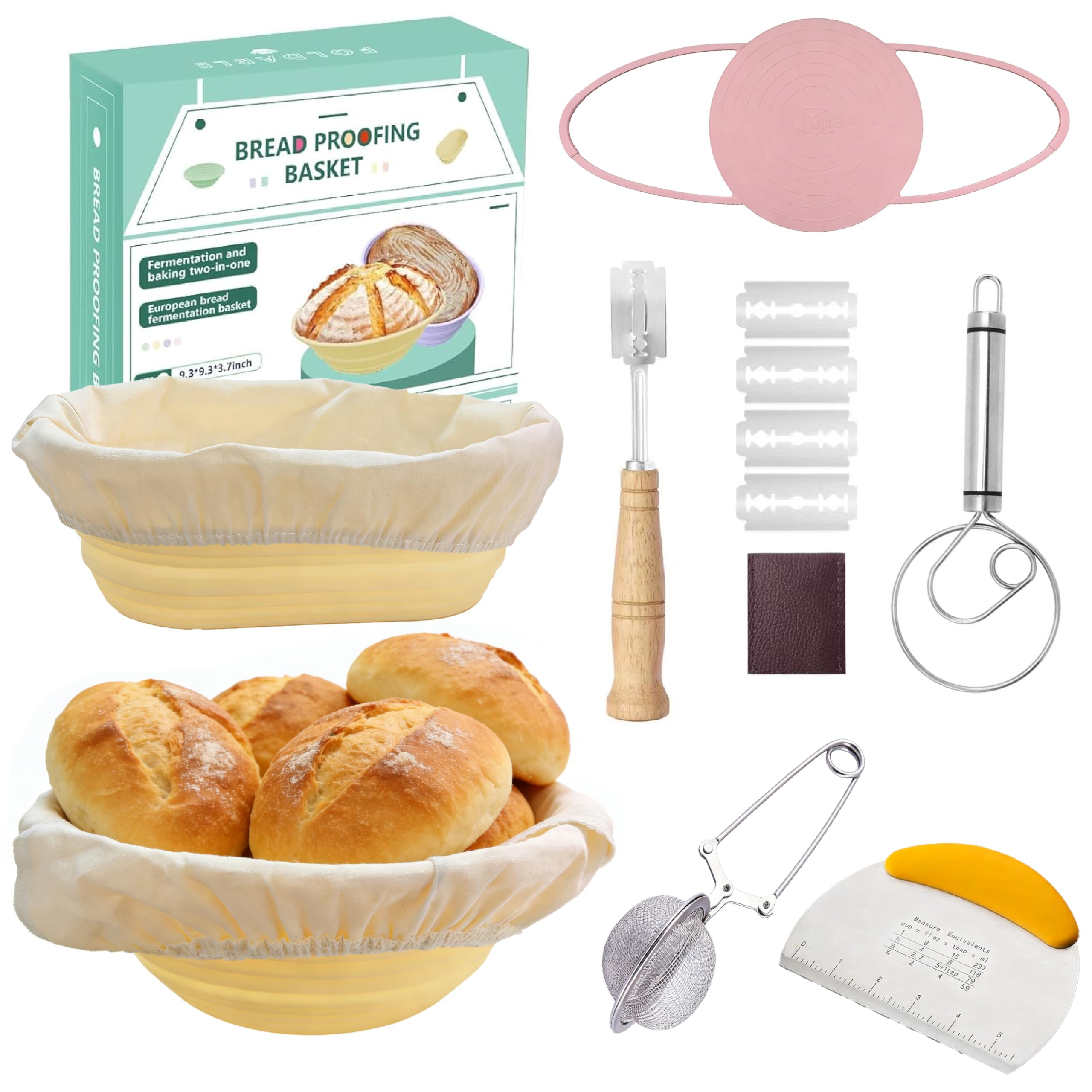 Silikon Brot Gärkorb Set (23 cm rund & 25 cm ovale) - Sauerteig-Gärkorb Inkl. Teigschaber, Rostmesser & Gärtuch – Faltbar, hygienisch, perfekt für Anfänger & Profis (10PS)
