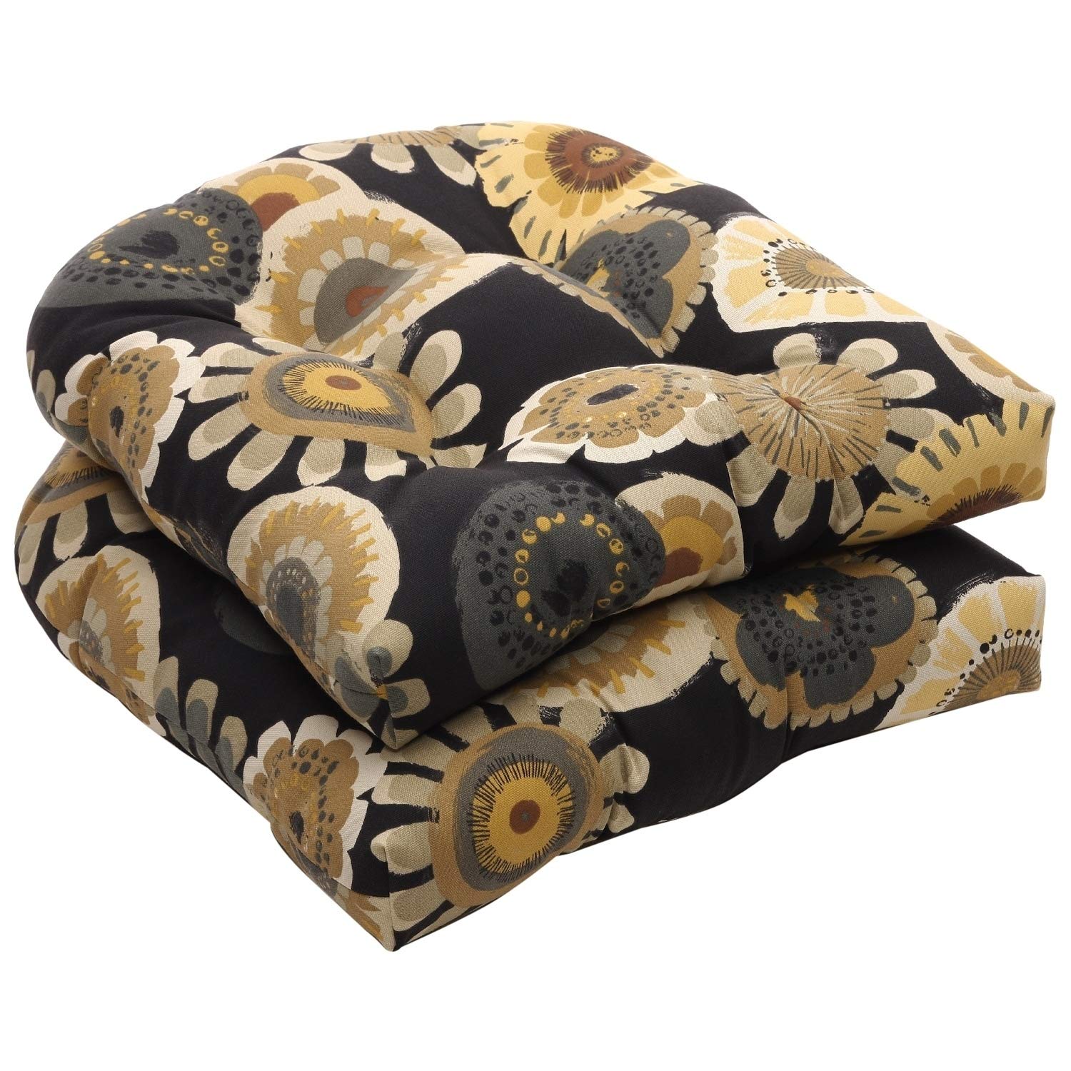 Floral Indoor/Outdoor Chair Seat Cushion, Tufted, Weather, and Fade Resistant, 19" x 19", Black/Yellow Crosby, 2 Count