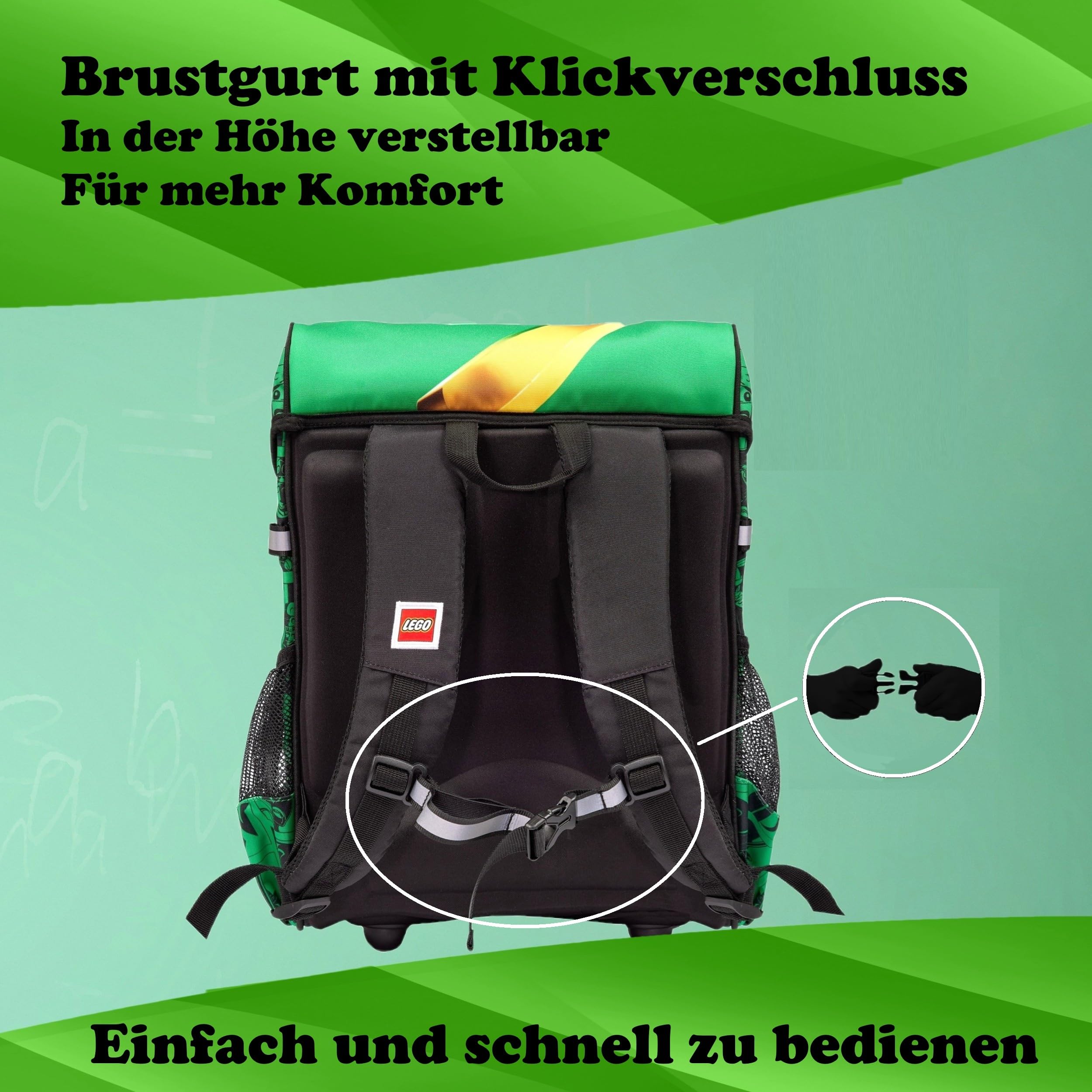Familando - Schulranzen Set 9-teilig mit Sporttasche - Ninjago Grün - Ergonomisch, stabil & mit gepolstertem Rücken - 790g leicht mit 16L Volumen - wasserabweisend und mit Reflektoren - Ab 1. Klasse