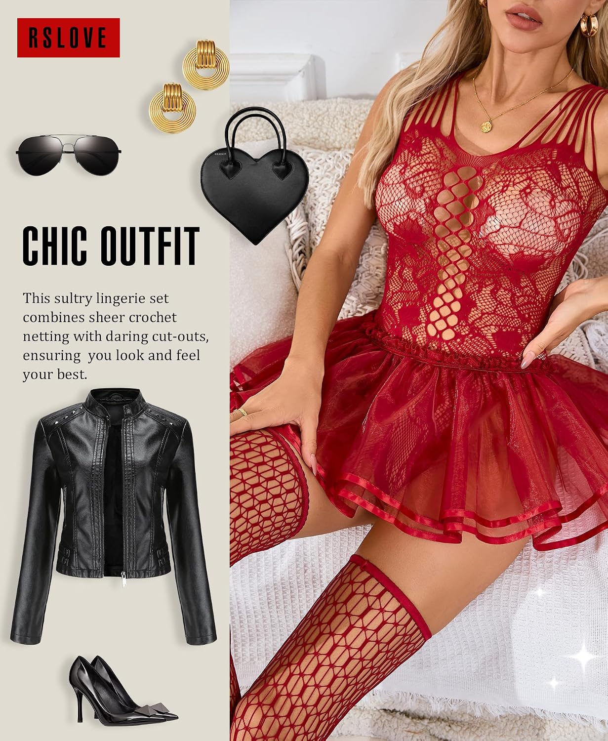 RSLOVE Sexy Babydoll Lingerie - 3 Piece Exotic Lingerie Sets Fishnet Teddy Bodysuit with Thigh High Stockings and Mini Skirt