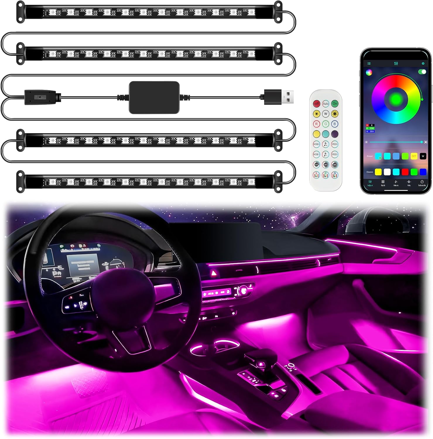 Smart Car Interior LED Lights with App Control, RGB Lights with DIY Mode and Music Mode, 2 Lines Design and Wireless Remote Control, Car Accessories for Women