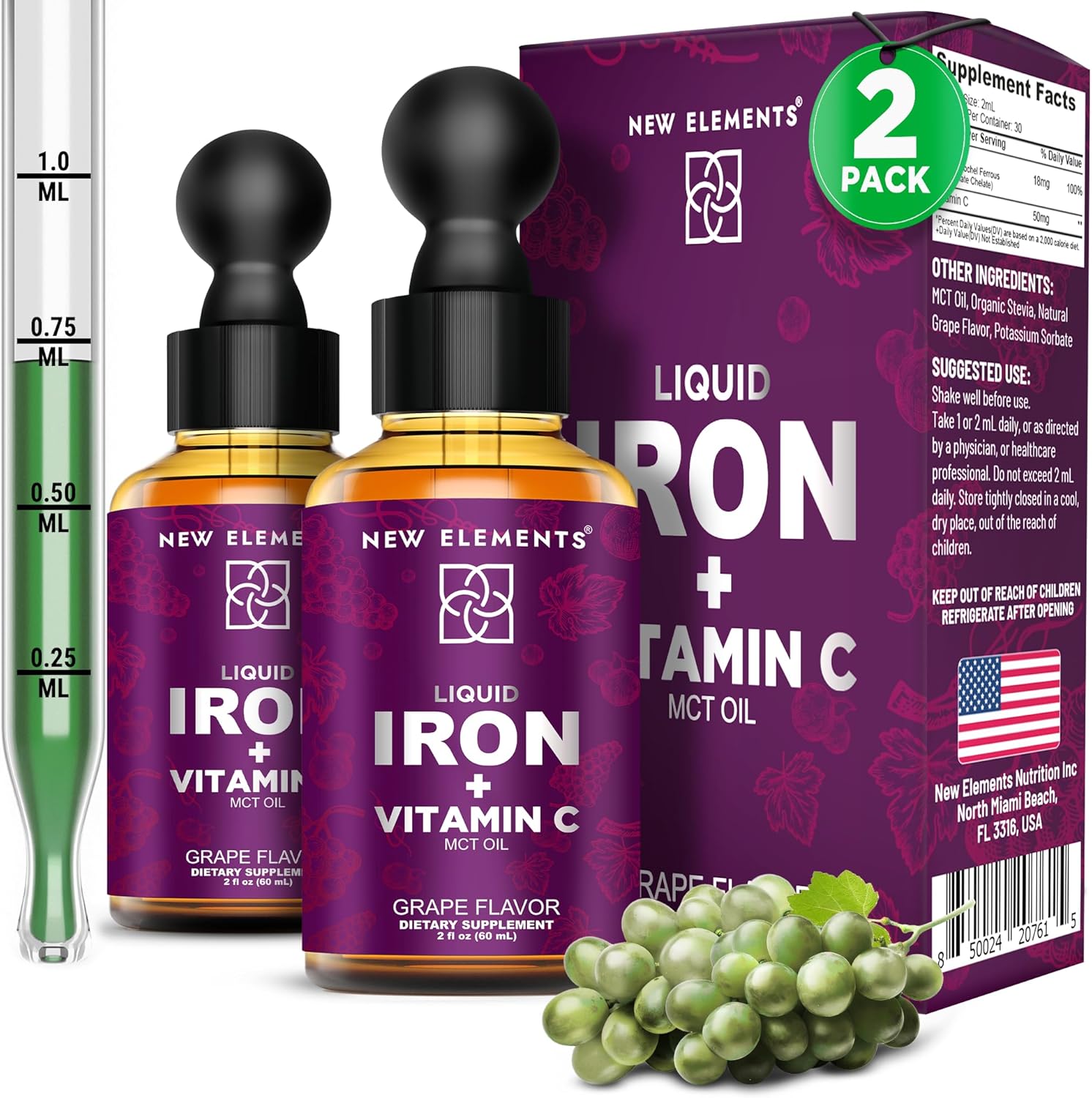 [2 𝐏𝐚𝐜𝐤] Liquid Iron Supplement with Vitamin C – 18mg Iron & 50mg Vitamin C for Anemia Support – Blood Builder Drops for Women & Men – Fast Absorption, Boosts Energy & Immunity – Vegan, Non-GMO