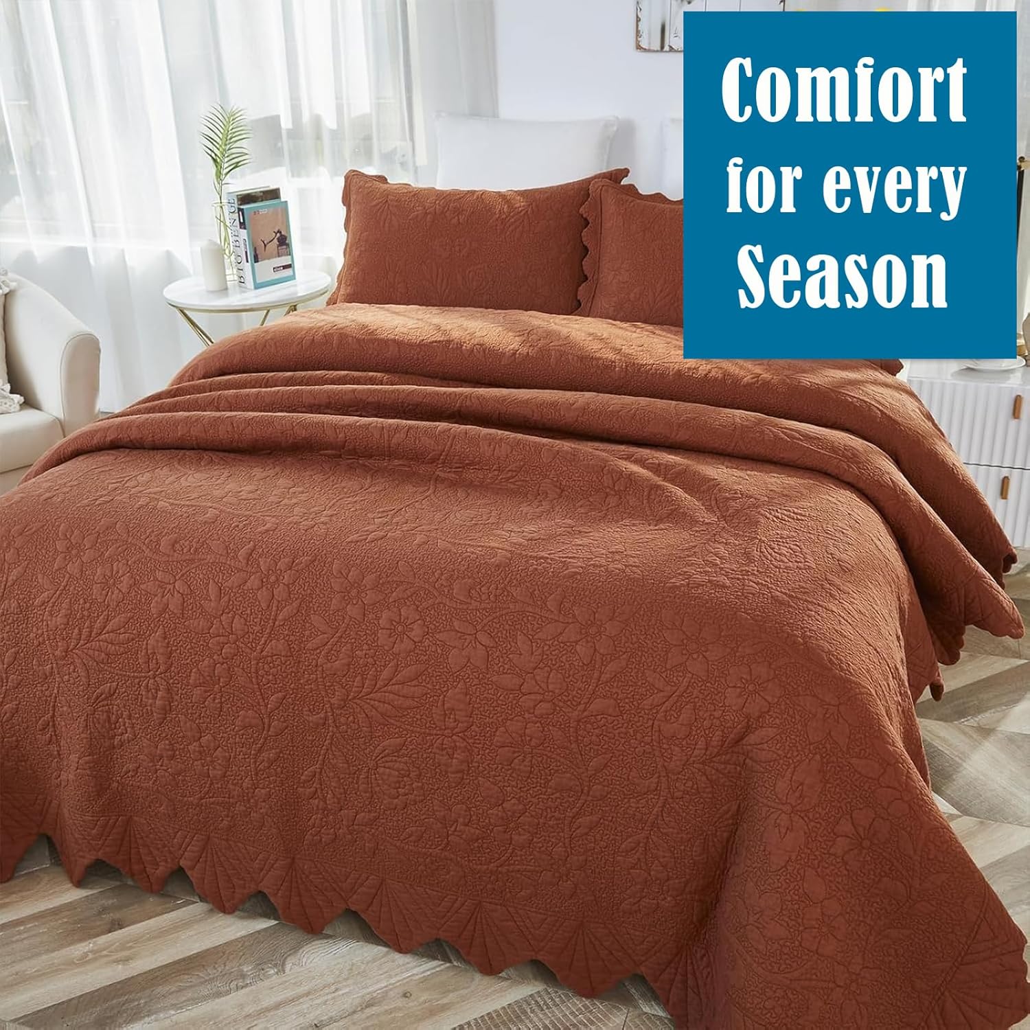 Brandream Burnt Orange Floral Vine Cotton Quilt Set Queen Size Luxury Scalloped Edge Vintage Cottage Bedding, Premium Stitching Coverlet with Pillow Shams | Cottagecore Bedding, Matelasse Coverlet, Breathable Cotton, Medium Weight, Scalloped Edge