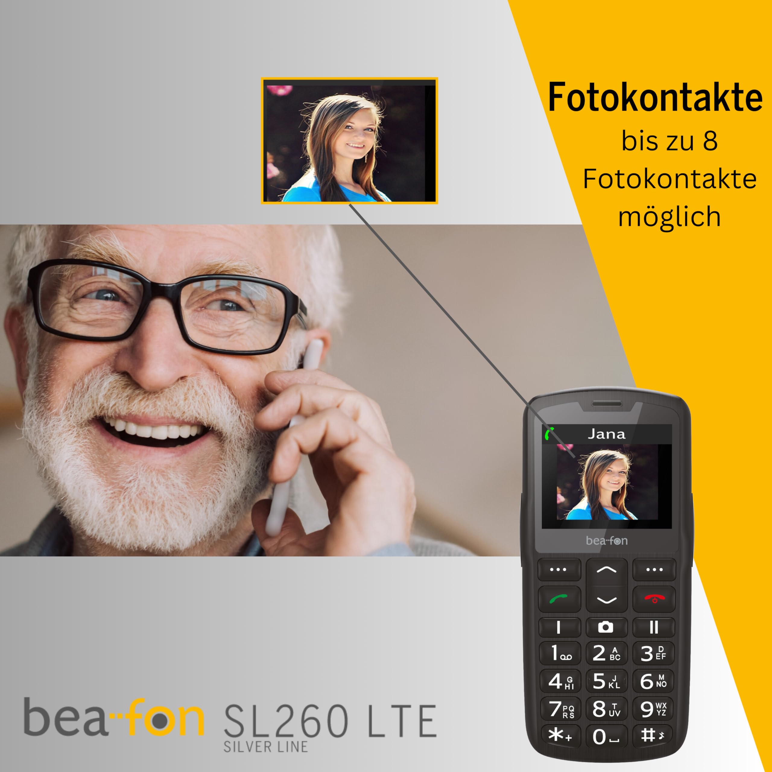 Beafon, SL260 LTE 4G, Silverline, telefon z przyciskiem, telefon komórkowy dla seniorów z przyciskiem alarmowym SOS, kompatybilny z aparatami słuchowymi, M4/T4, sygnał świetlny, wyświetlacz 2,2" (5,58
