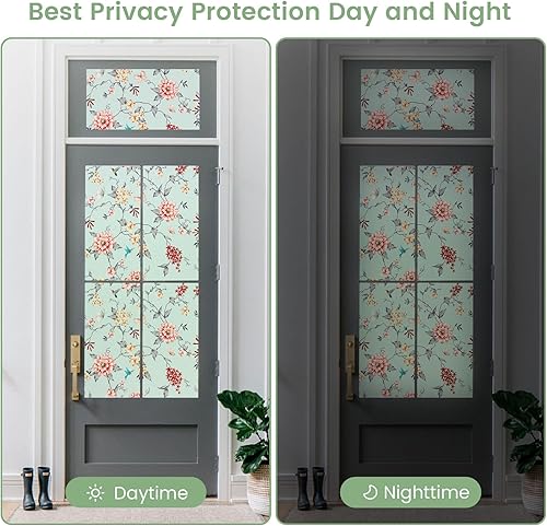 Miniatura 9 de DKTIE Película para ventana de vidrieras con kit de instalación, no adhesiva, se adhiere por estática, extraíble, patrón floral retro, protección de