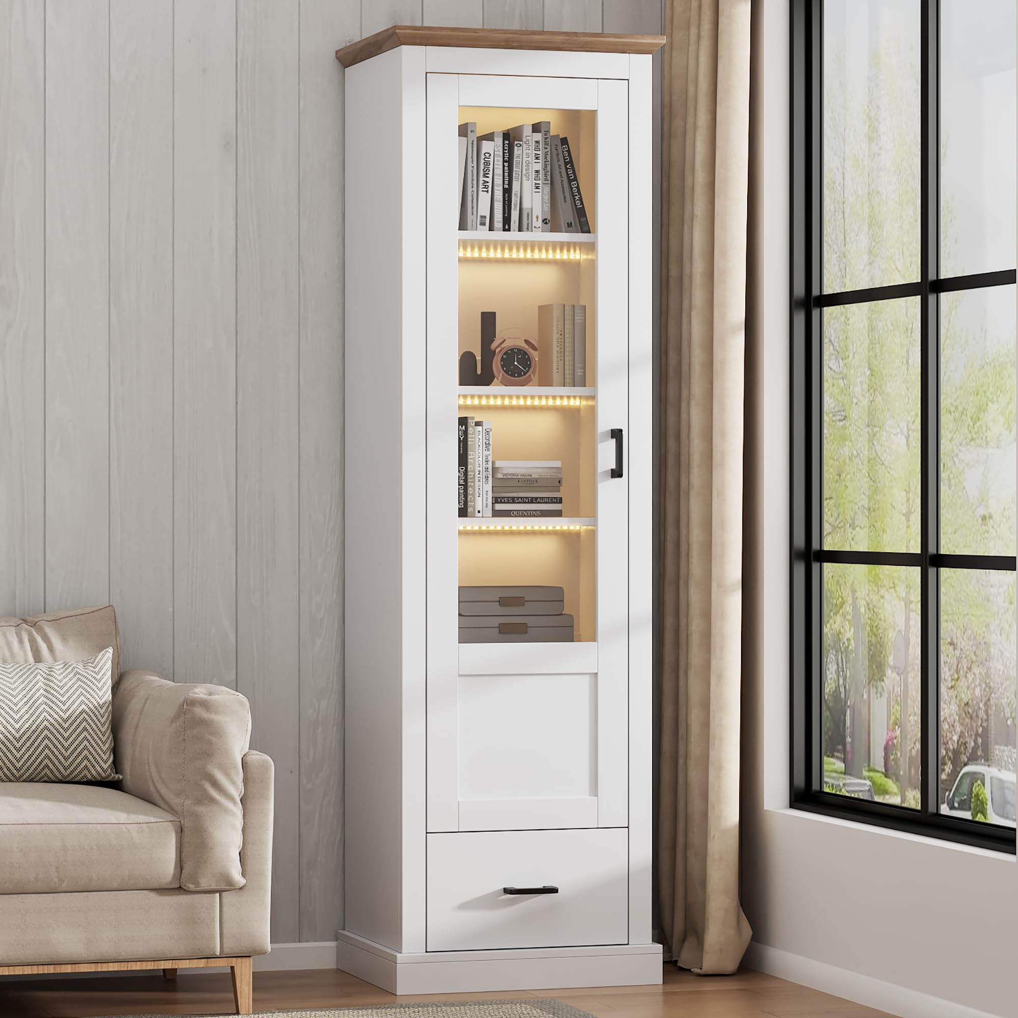 Vitrine LED 80 X 40 X 160 Cm - Bibliothèque Avec Porte En Verre Trempé Et éclairage LED, 3 Tiroirs Et 3 Compartiments Ouverts, Cadre | Leroy Merlin