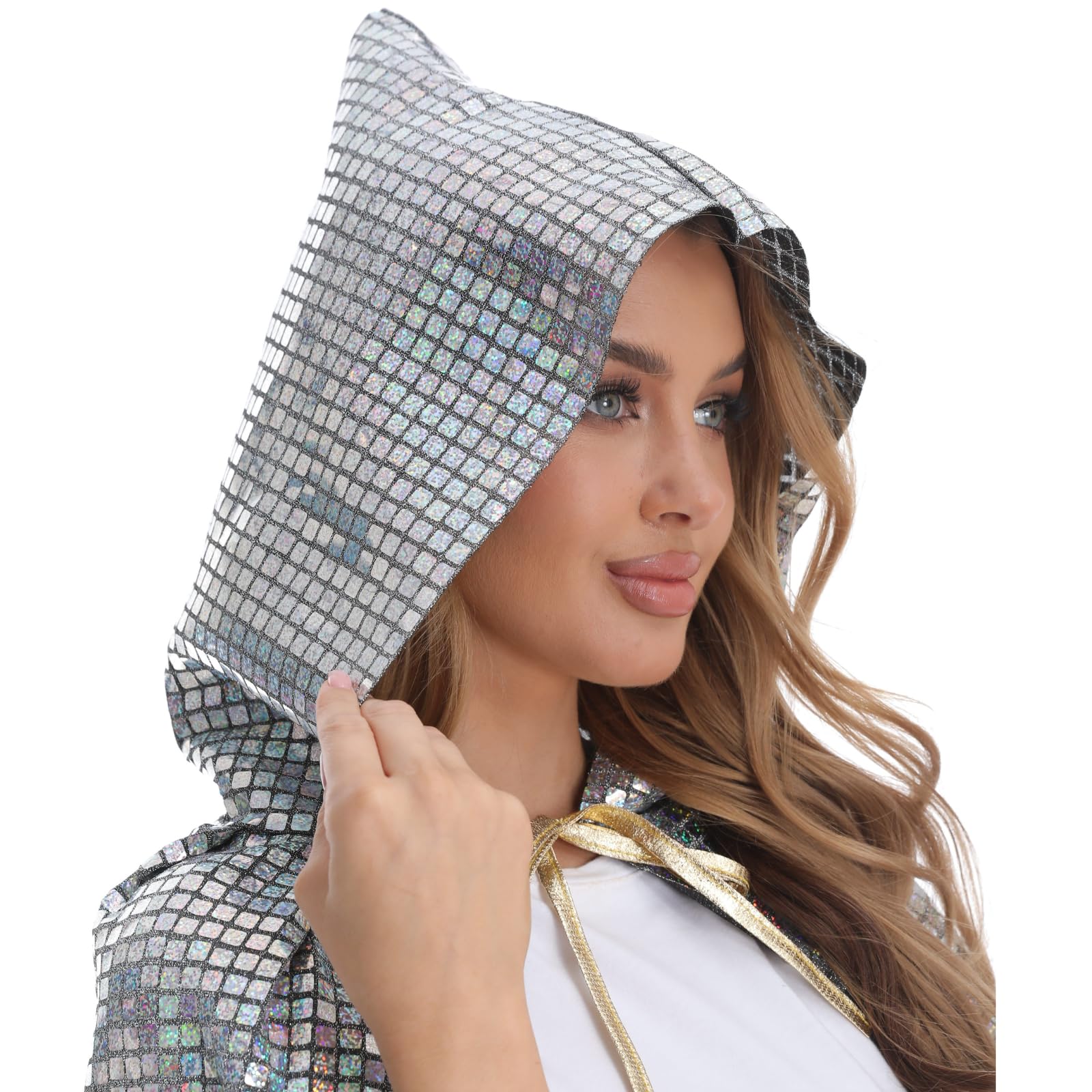 Full Length Sequin Cape Bling Bling Adult Glitter Cloak 1970's Abba Costumes for Halloween Christmas Mardi Gras Carnival Mama Mia Retro Party (Sliver Square - Image 4