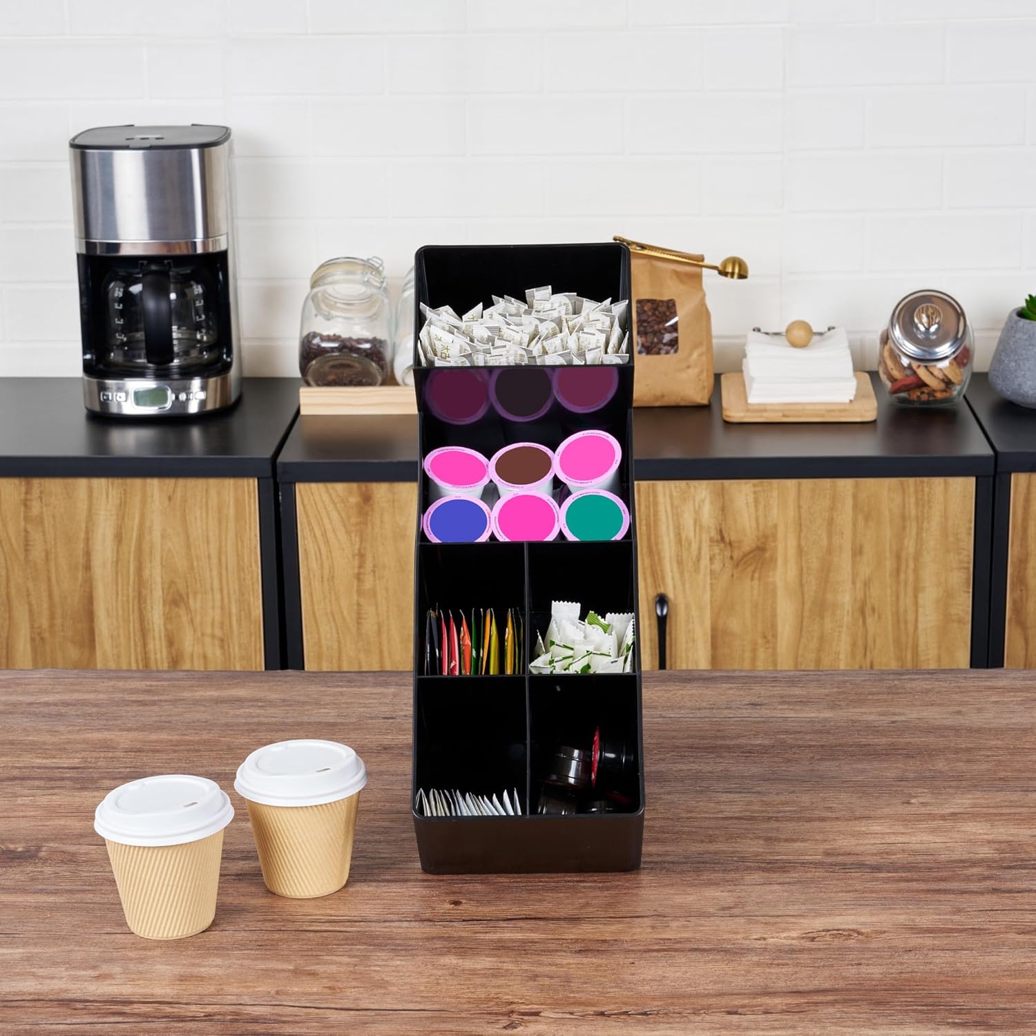 Restaurantware Restpresso Coffee Bar Organizer, 1 Count Durable 6 Compartments, Compact Size, Black Plastic Tabletop Coffee Supplies Organizer For Homes, Office Spaces, Breakrooms, and Lounges