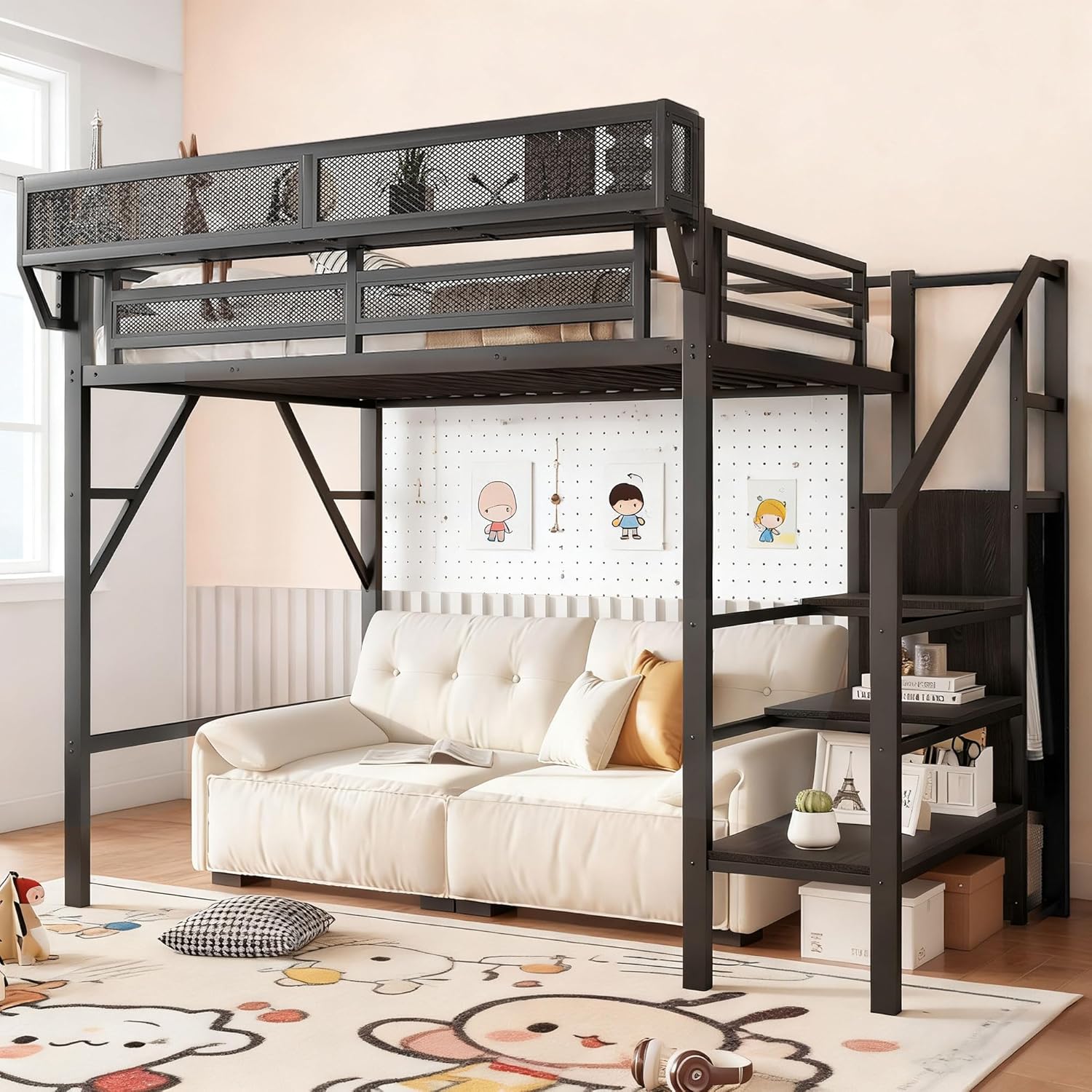 Loft Bed Twin XL Size, Metal Loft Bed Frame with Stairs, Storage Shelves, Wardrobe, Heavy-Duty Noise-Free, No Box Spring Required, Easy Assembly, Black