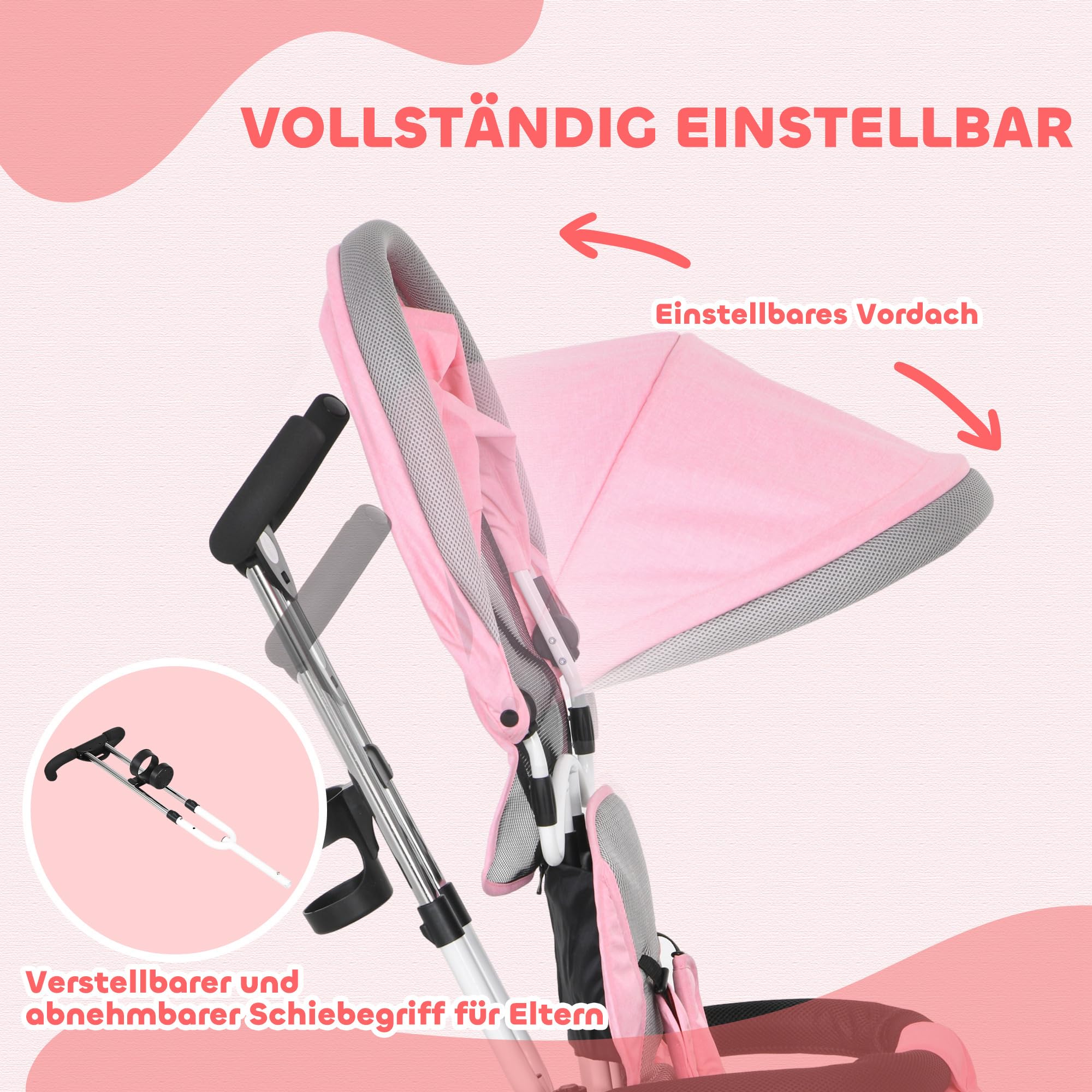 HOMCOM Dreirad 6-in-1 mit Schubstange für 1-5 Jahre Kinder bis 25kg, Kinderdreirad mit Vorwärts und Rückwärtsfahrt, Korb Getränkehalter Sonnendach, Rosa