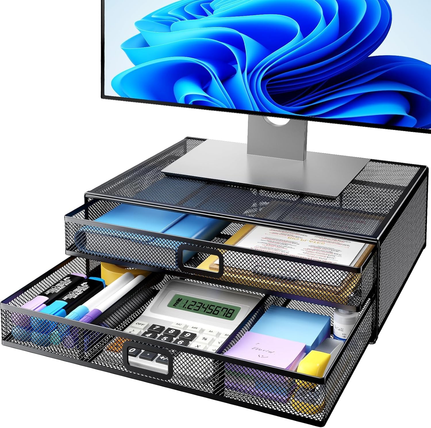 HUANUO 2 Tier Monitor Stand Metal Monitor Riser with Drawer Desk Organizer Monitor Stand with Storage Desktop Computer