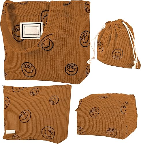 Bolsa de cosméticos de pana, Varios colores, 4 bolsas de mango corto marrón