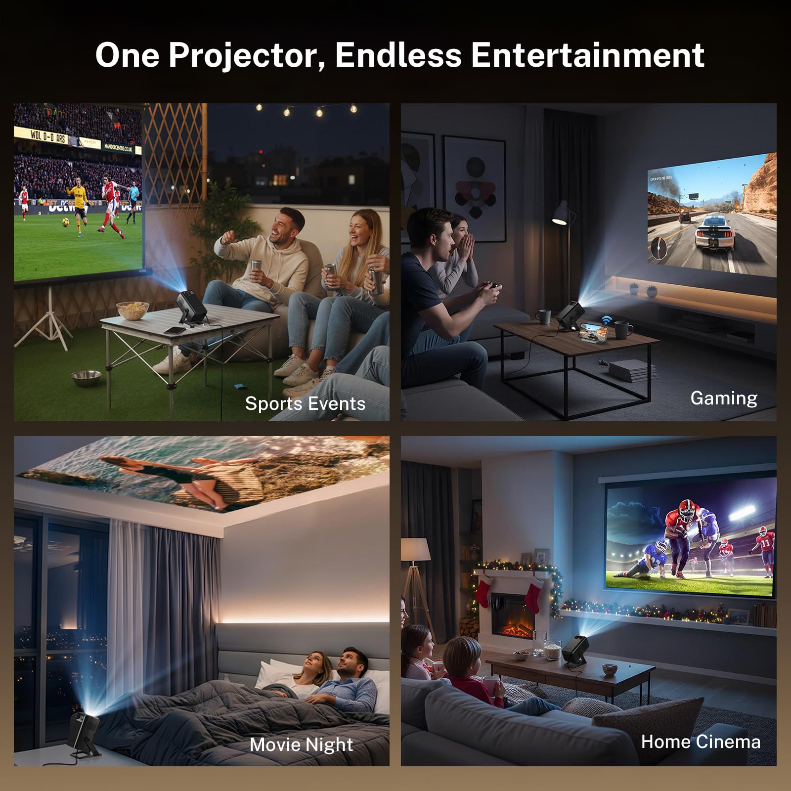 Mini Beamer mit Android 14, Klein Smart Projektor Native 720P (4K Dekodierung), WiFi 6 & Bluetooth 5.4, Auto-Keystone, Portable TV Projector Kompatibel mit iOS/HDMI/USB/iPhone, schwarz