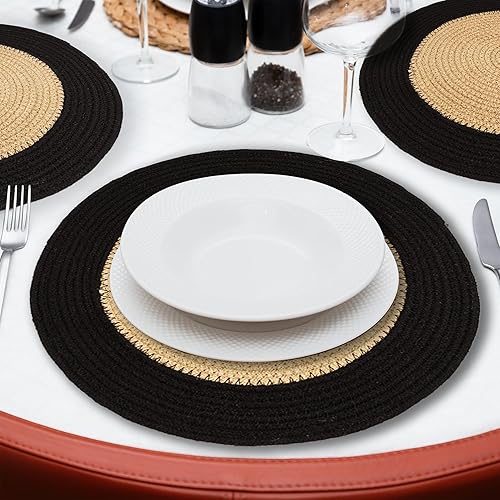 Miniatura 7 de Eco Crave Juego de 8 manteles individuales redondos de yute, tejido a mano de yute beige natural con borde negro, 13 pulgadas, rústico, con cordón,