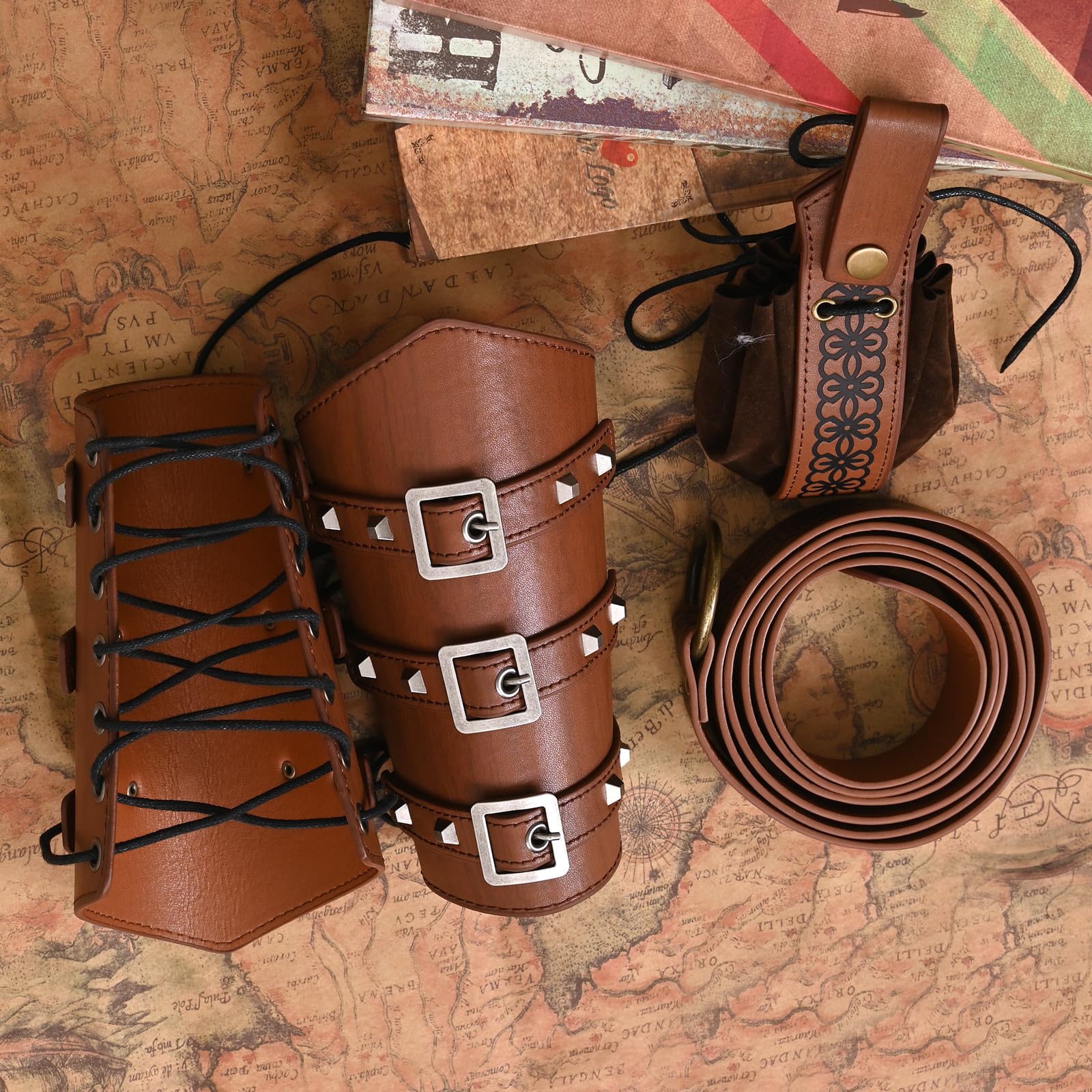 JDFAIJEAL Medieval Knight Accessories Set for Men & Women - Renaissance PU Leather Belt, Adjustable Arm Bracers,Vintage Waist Pouch - Image 2